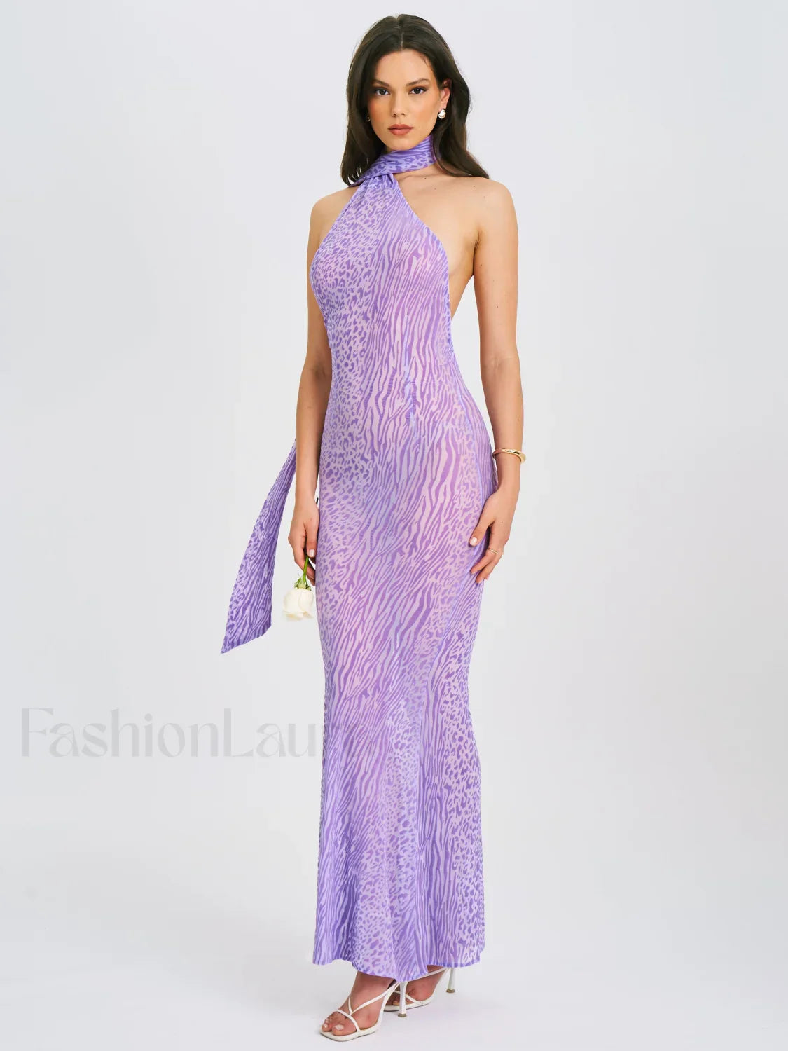 Olena Purple Burnout Velvet Animal Trendy Print Mesh Halter Neck Maxi Dress