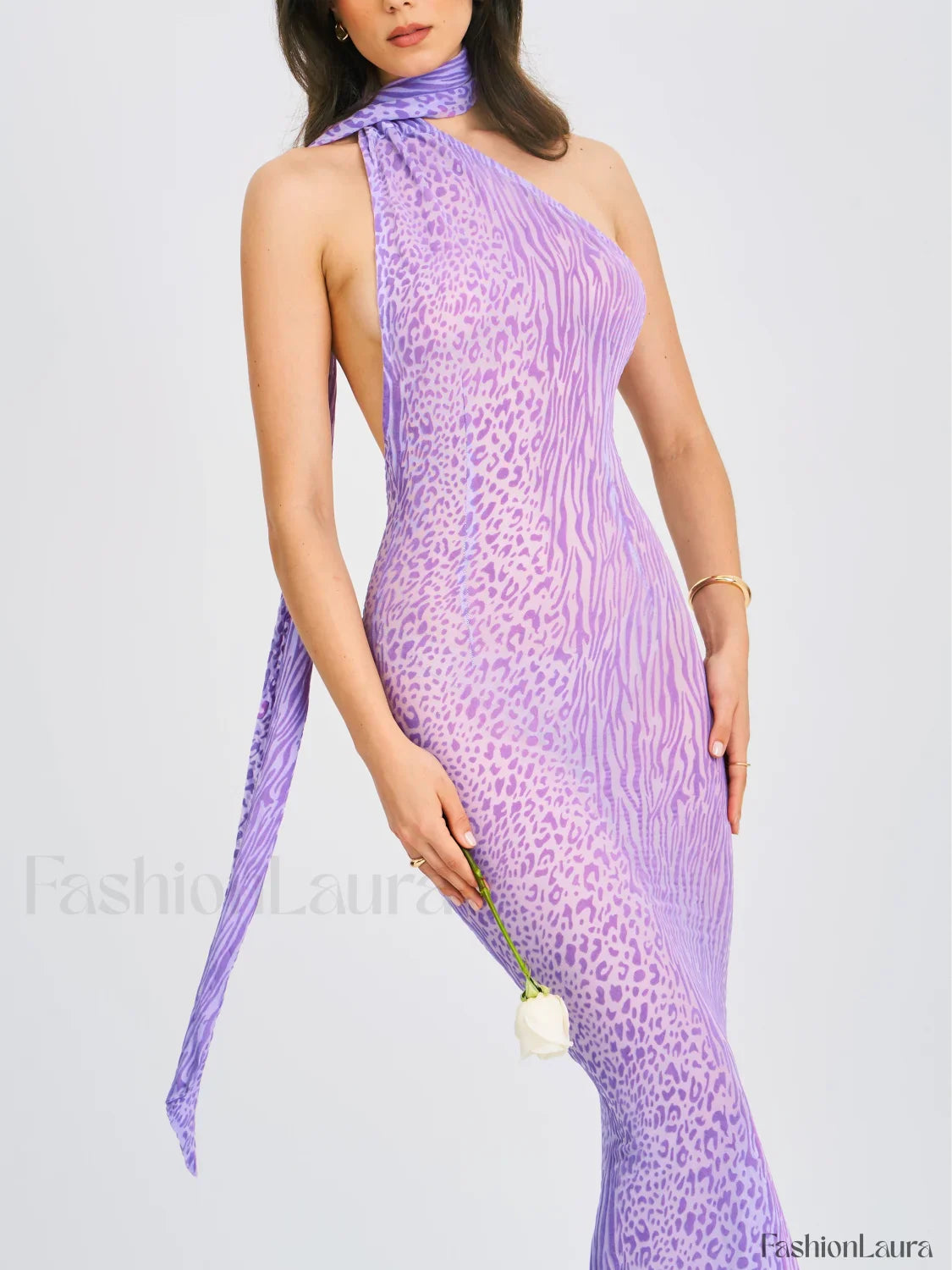 Olena Purple Burnout Velvet Animal Trendy Print Mesh Halter Neck Maxi Dress