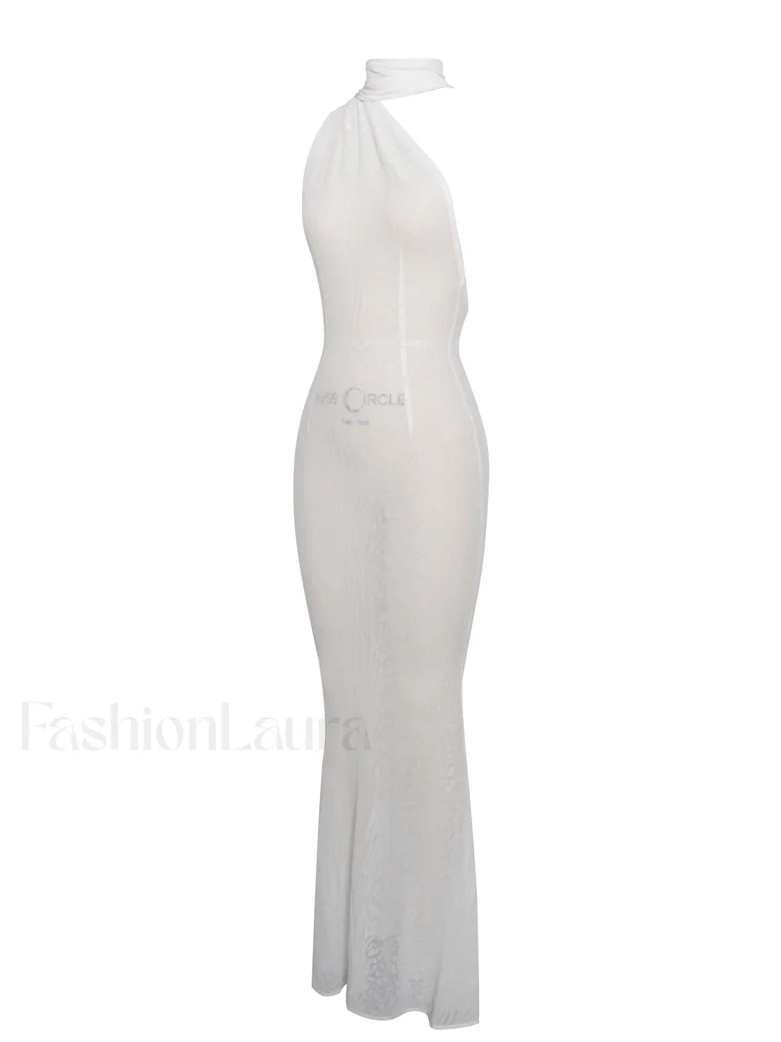 Olena White Burnout Velvet Animal Trendy Print Mesh Halter Neck Maxi Dress