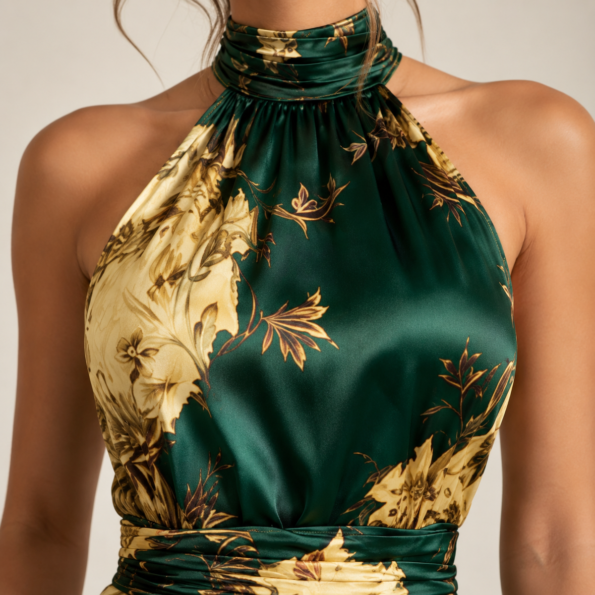 Floral Satin Halter Neck Ruched Bodycon Midi Dress 8
