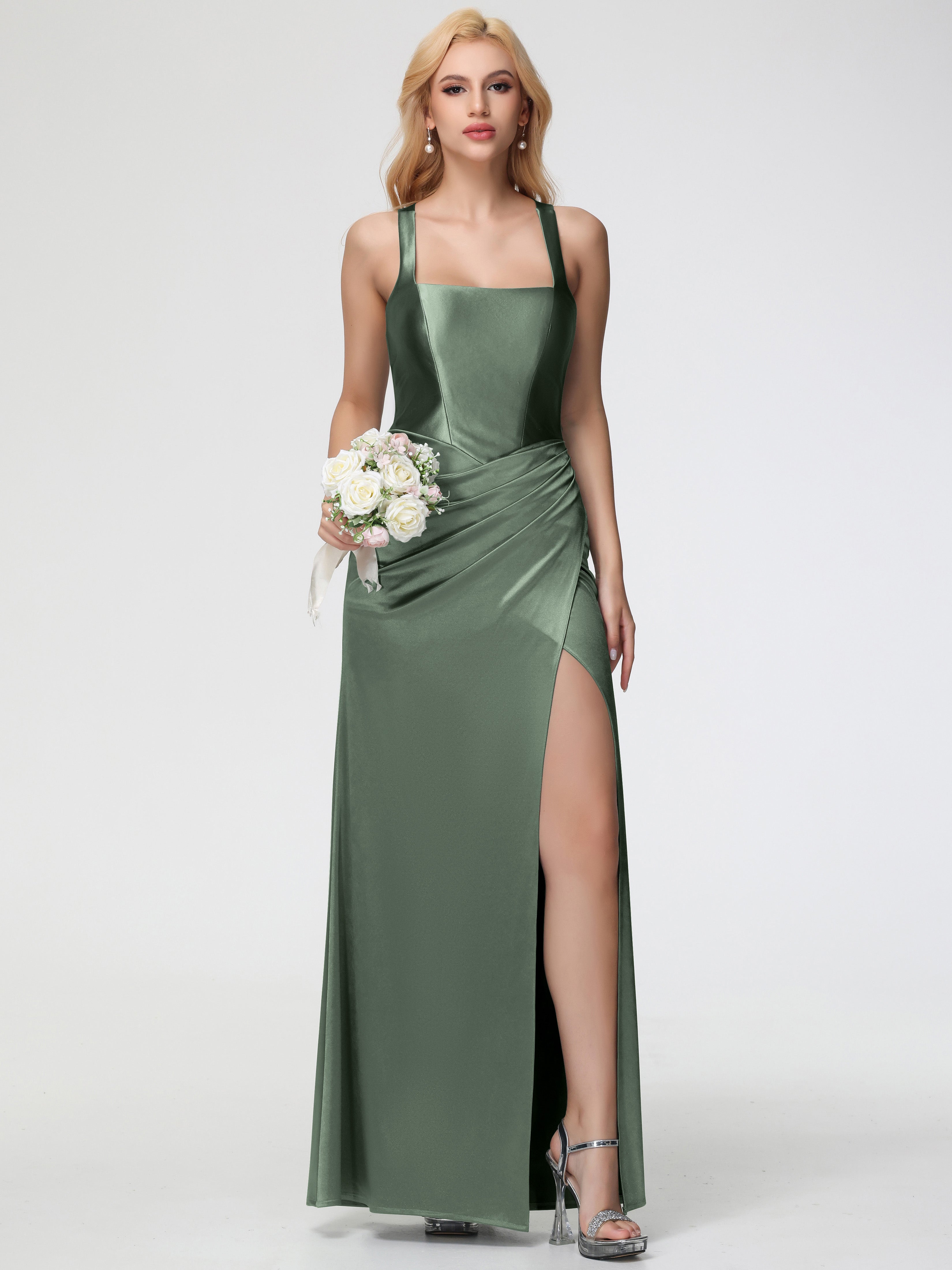 Olive Green Formal Dresses Straps Ruched Floor Length Sheath Formal Dress With Slit