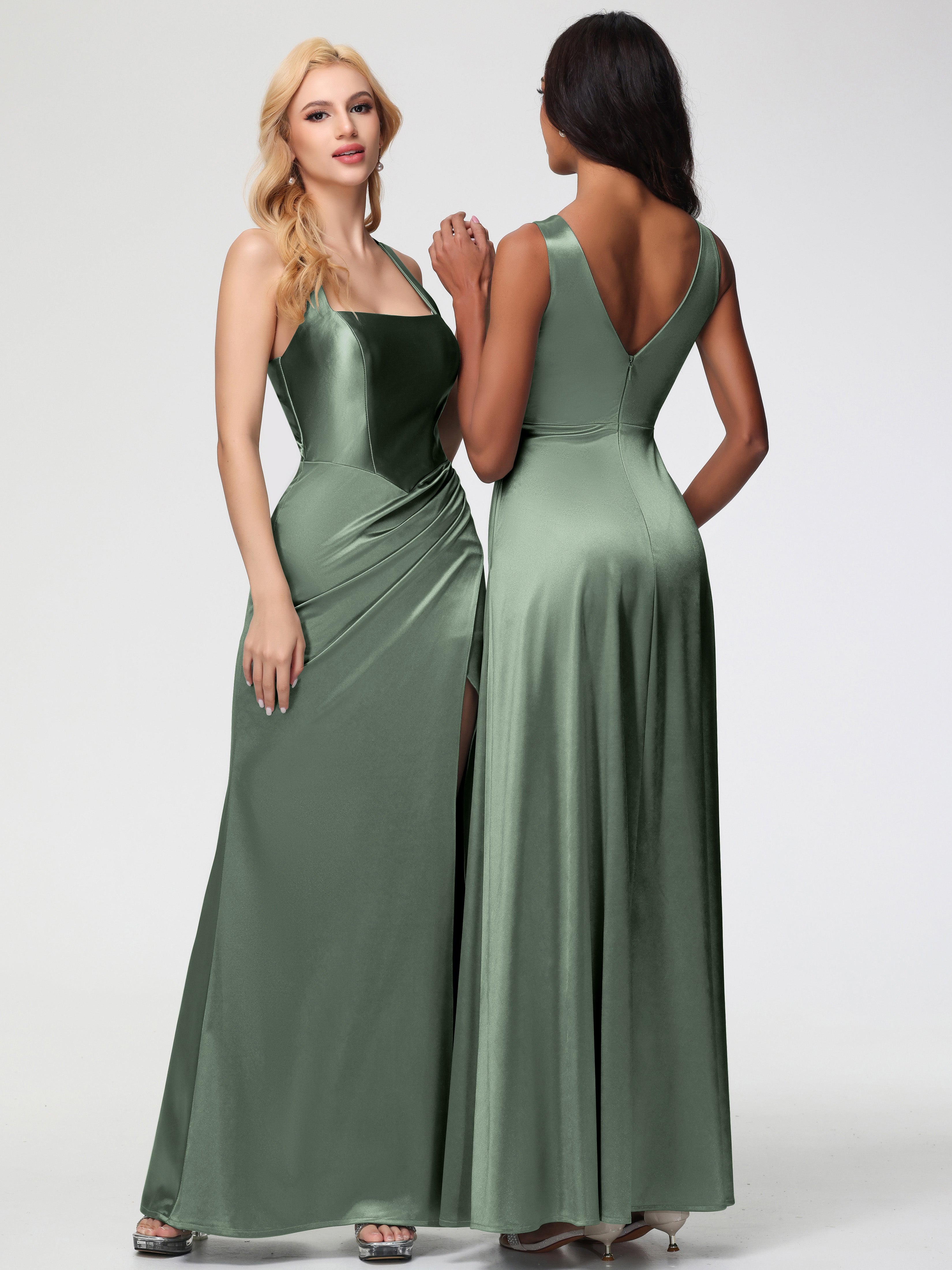 Olive Green Formal Dresses Straps Ruched Floor Length Sheath Formal Dress With Slit
