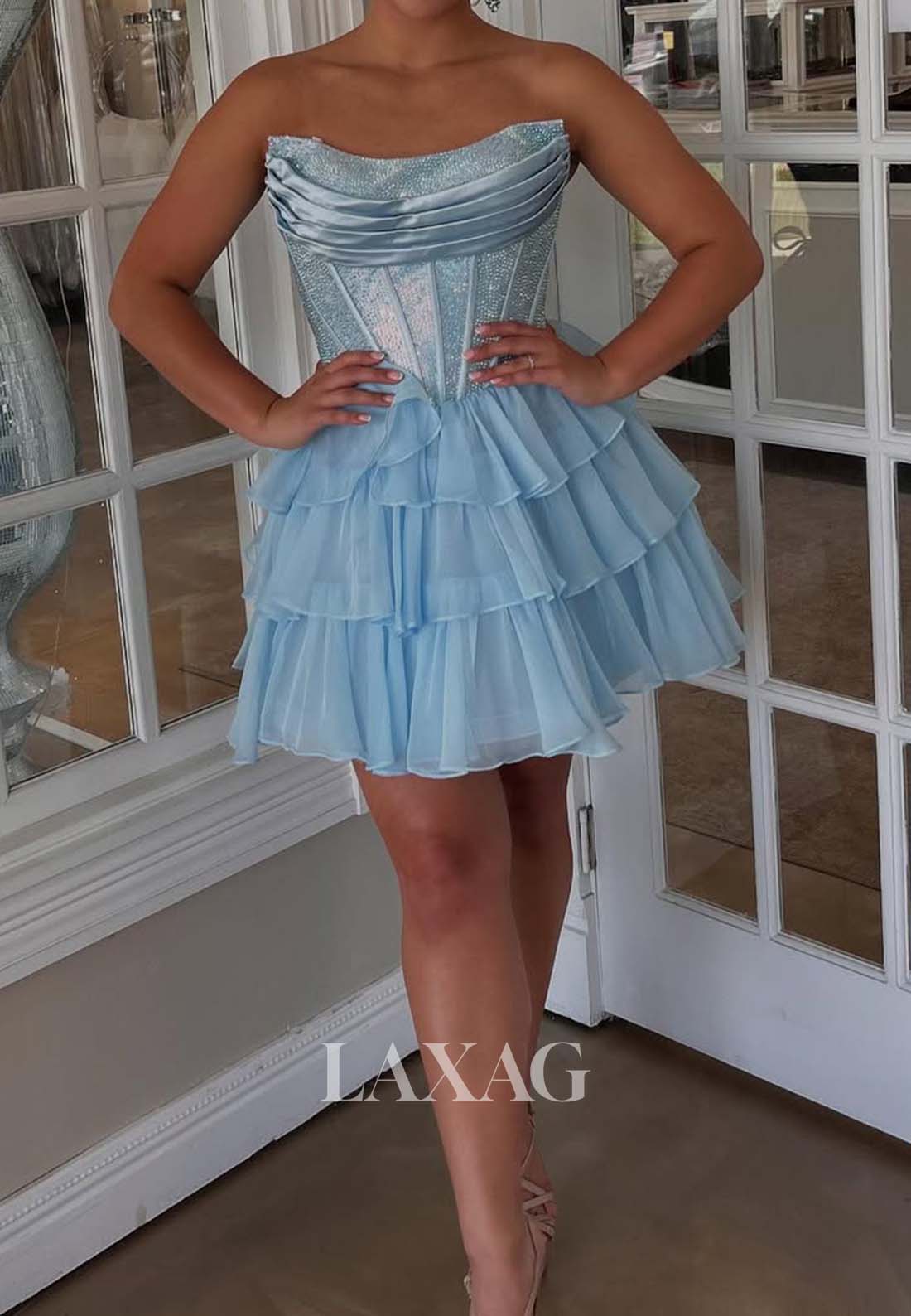 Tube Top Off-Shoulder Sleeveless Beaded Pleated Chiffon Tiered A-Line Party Homecoming Dress
