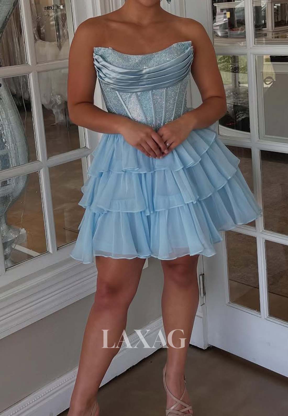 Tube Top Off-Shoulder Sleeveless Beaded Pleated Chiffon Tiered A-Line Party Homecoming Dress