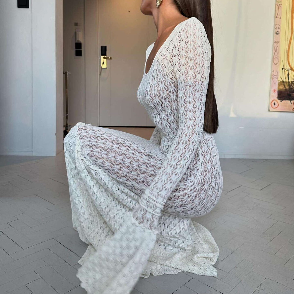 Crochet Knit Scoop Neck Long Sleeve Scalloped Hem Maxi Dress - View 3