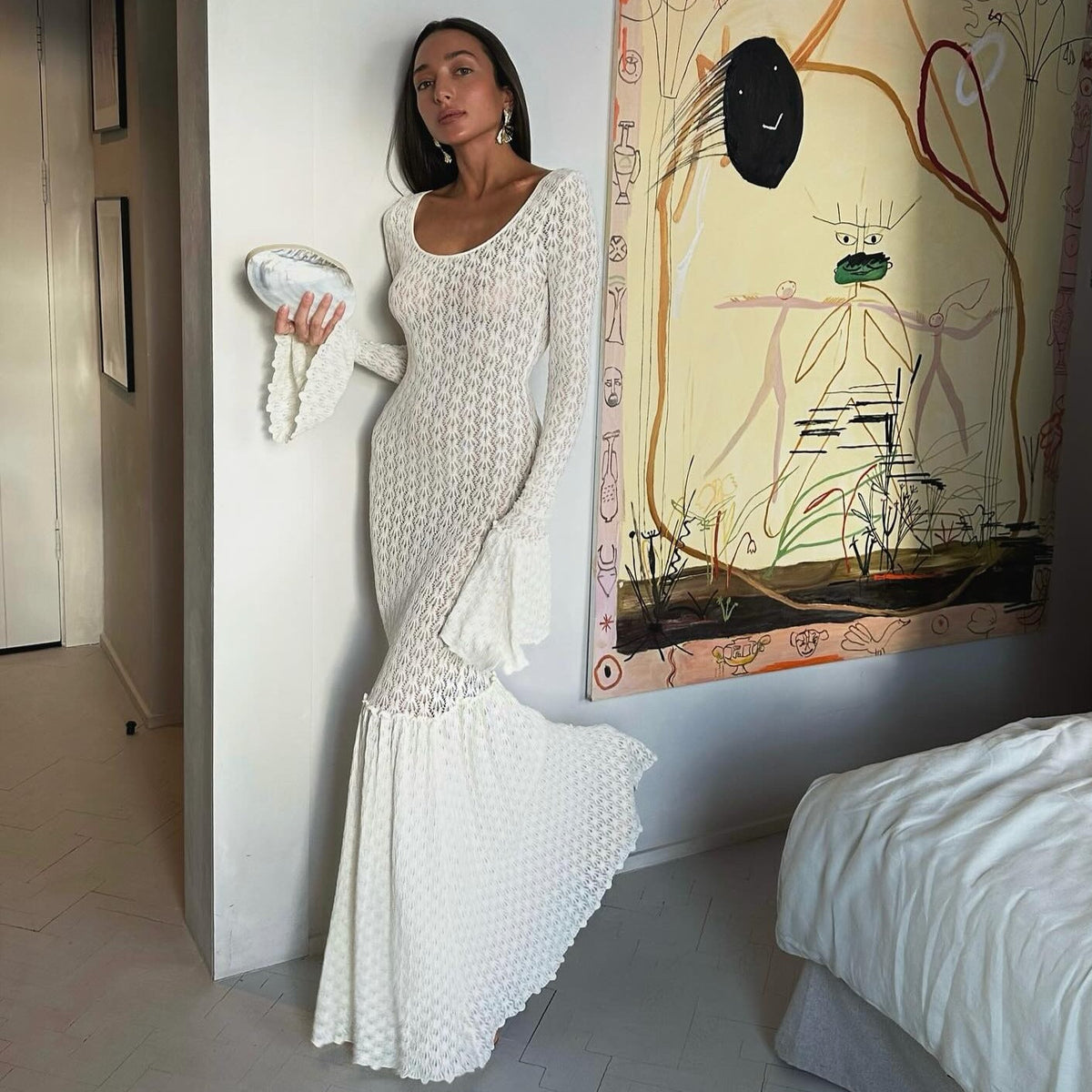 Crochet Knit Scoop Neck Long Sleeve Scalloped Hem Maxi Dress - View 2