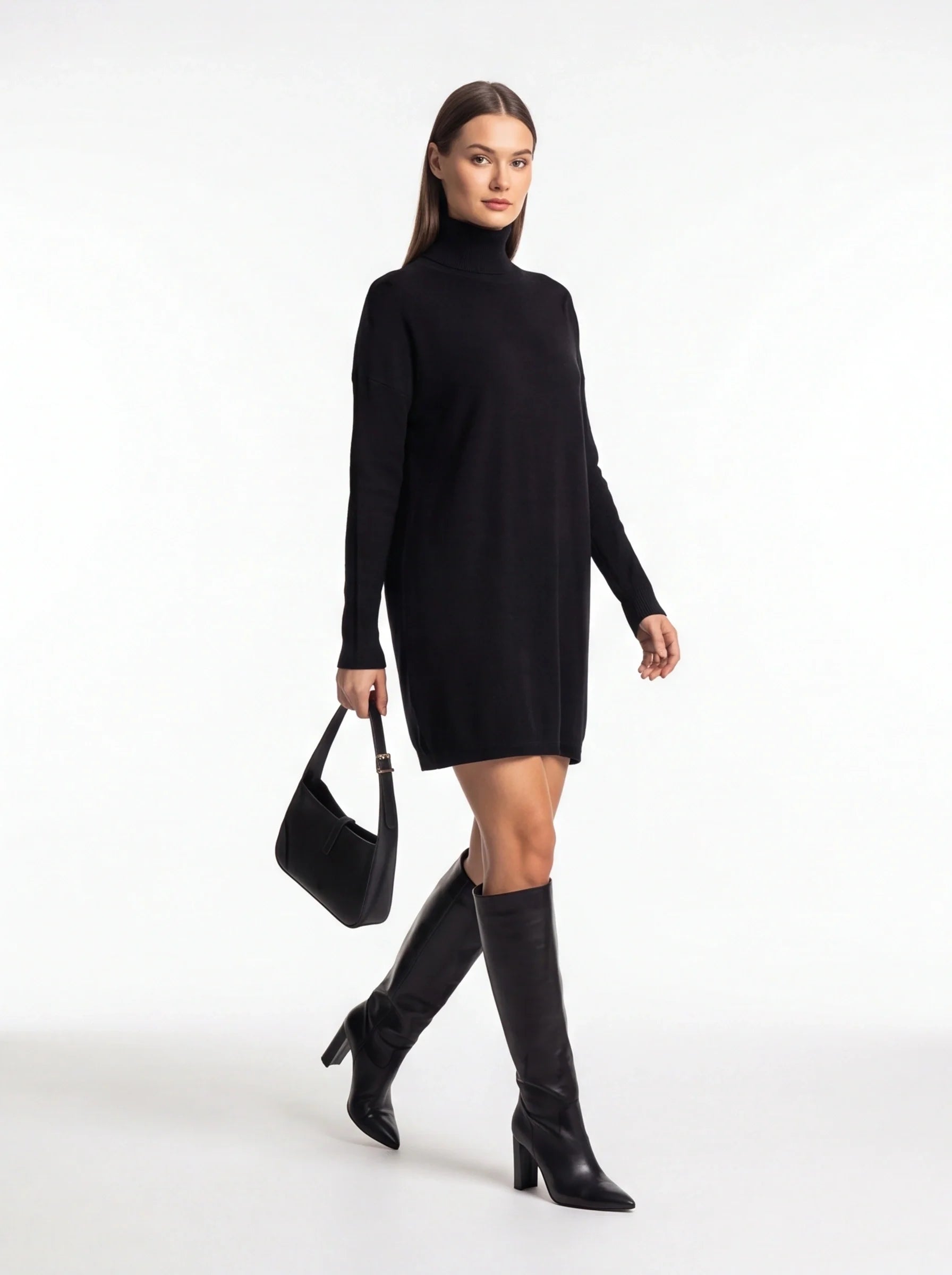 Cozy Black Turtleneck Sweater Dress with Long Sleeves and Ribbed Detail - Jamota