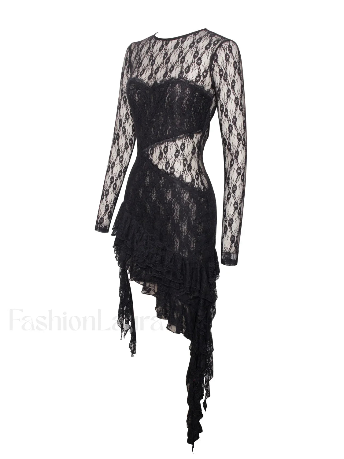 Omaira Black Lace Charming Long Sleeve Ruffle Dress