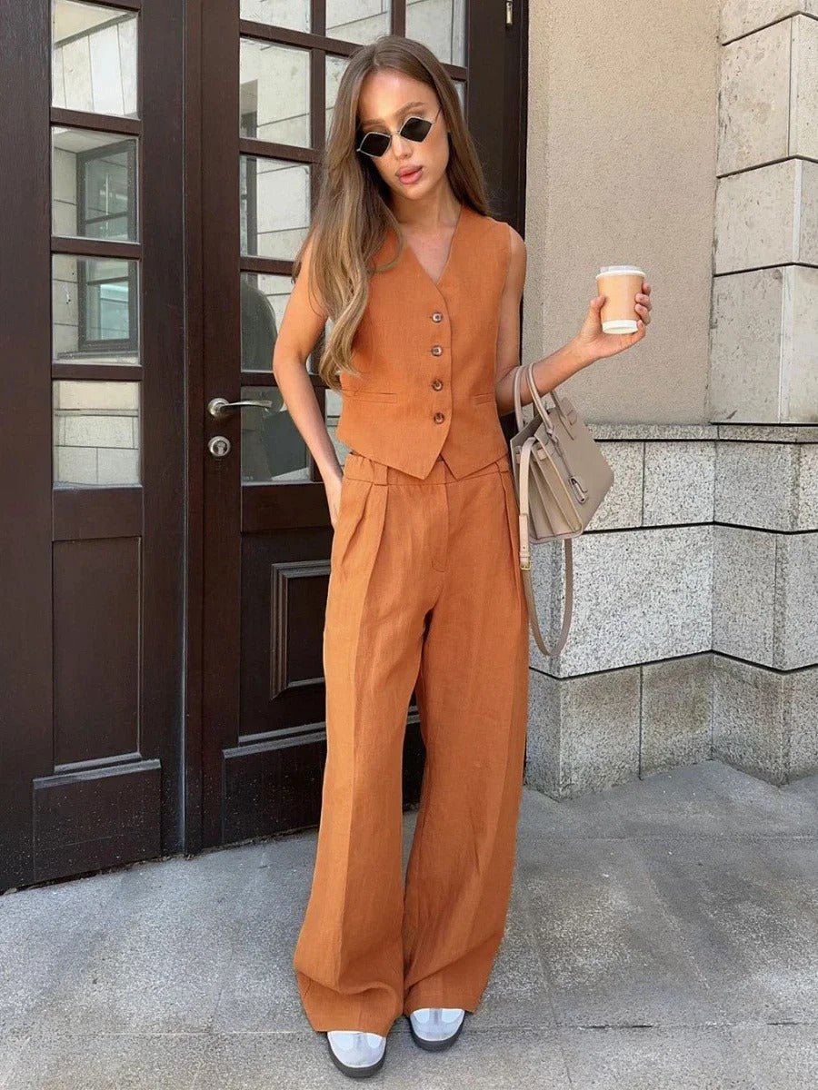 Button Front Vest and Wide Leg Pants Two Piece Set