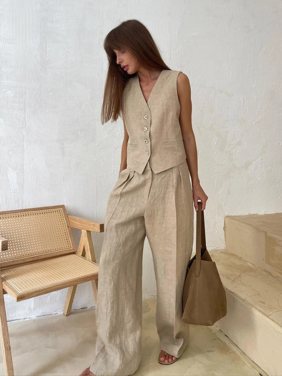 Button Front Vest and Wide Leg Pants Two Piece Set