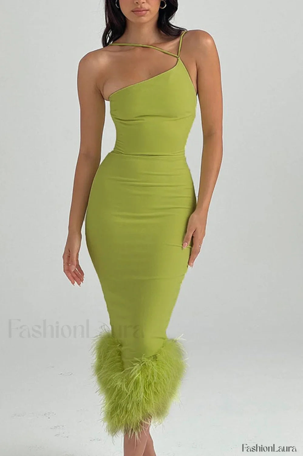 One Shoulder Halter Charming Fur Swing Dress