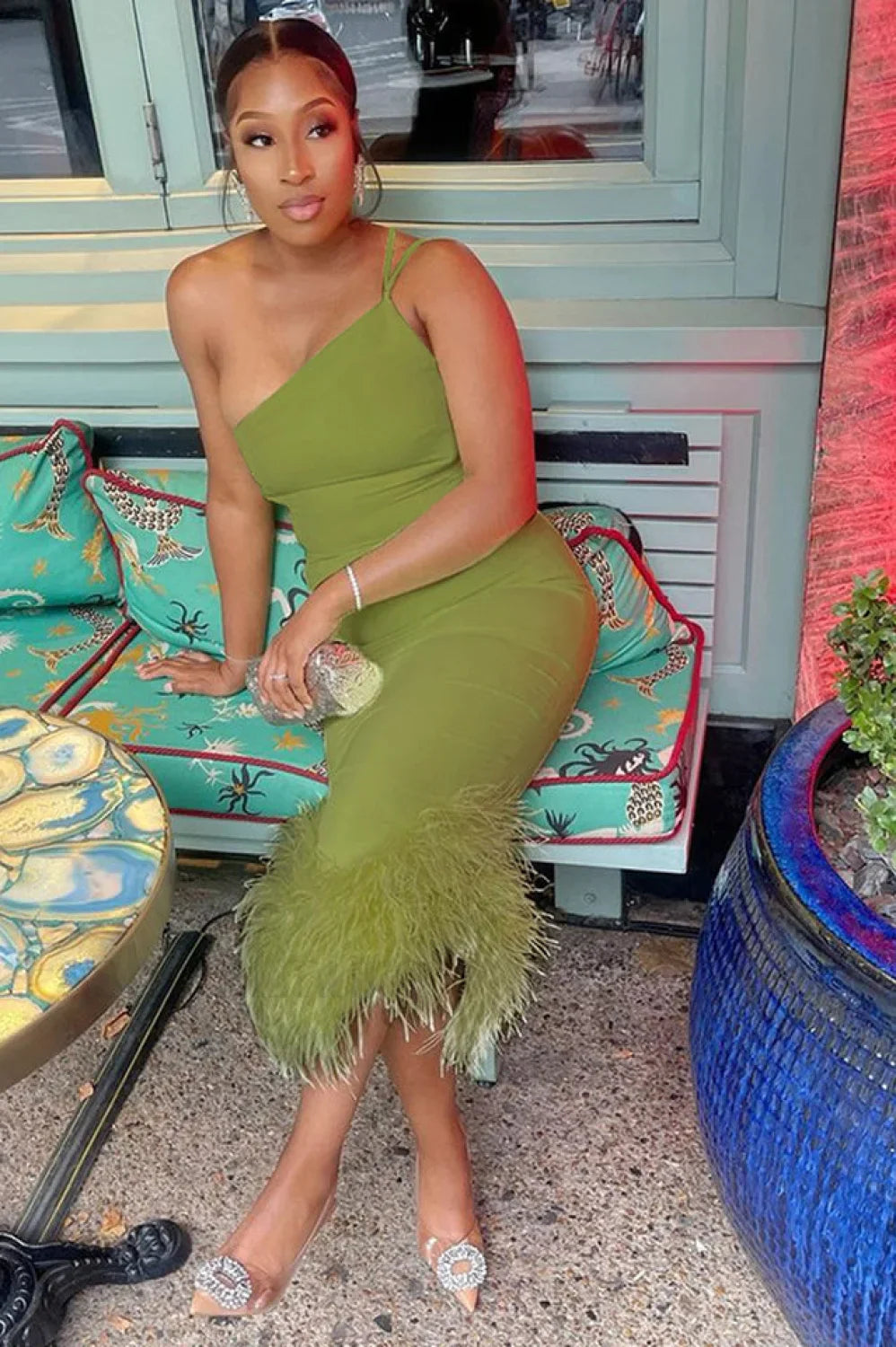 One Shoulder Halter Charming Fur Swing Dress