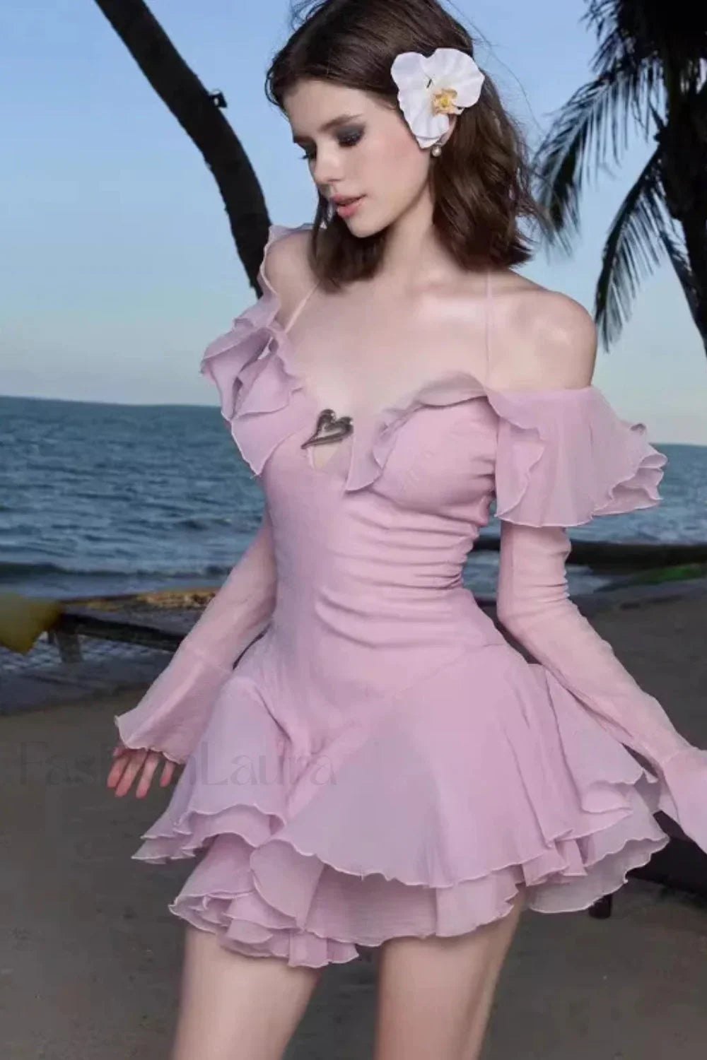 One-Shoulder Horn Sleeve Ruffled Neck Mini Dress