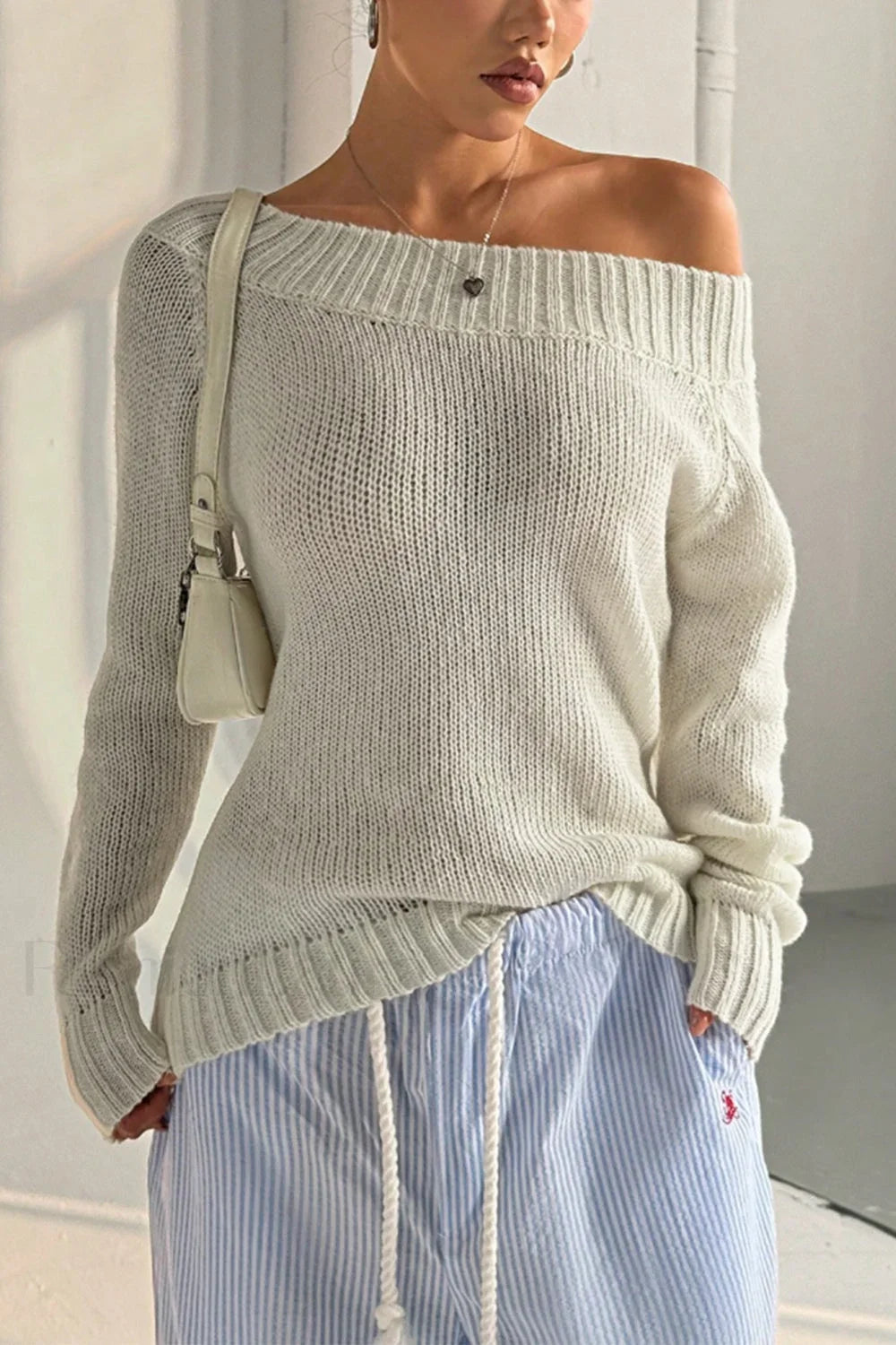 One Shoulder Knit Pullover Sweater White / S