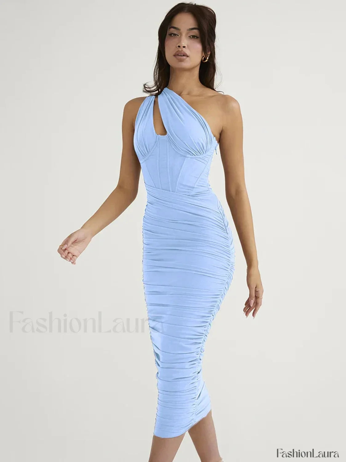 One-Shoulder Mesh Midi Dress