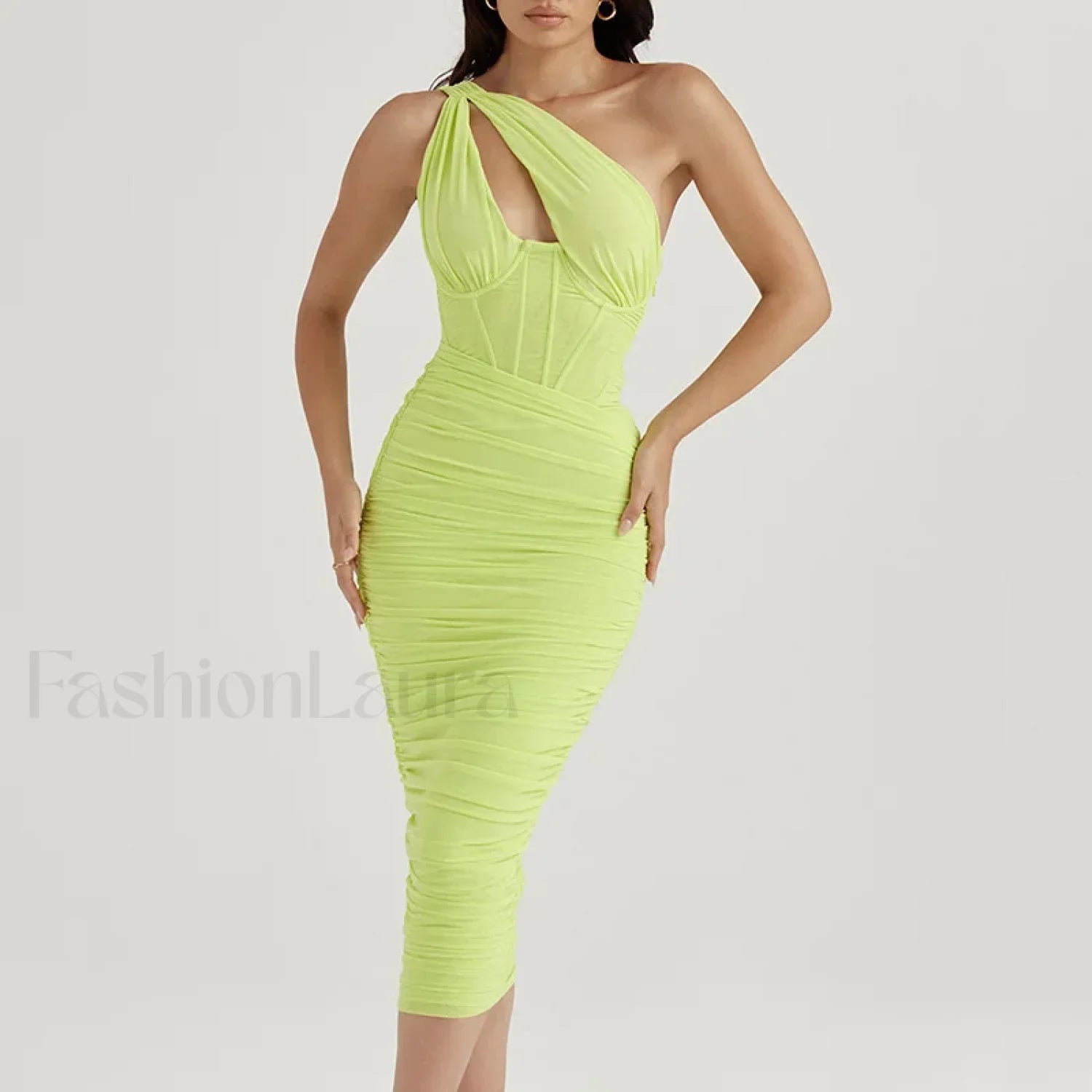 One Shoulder Mesh Midi Dress Yellow green / Xs