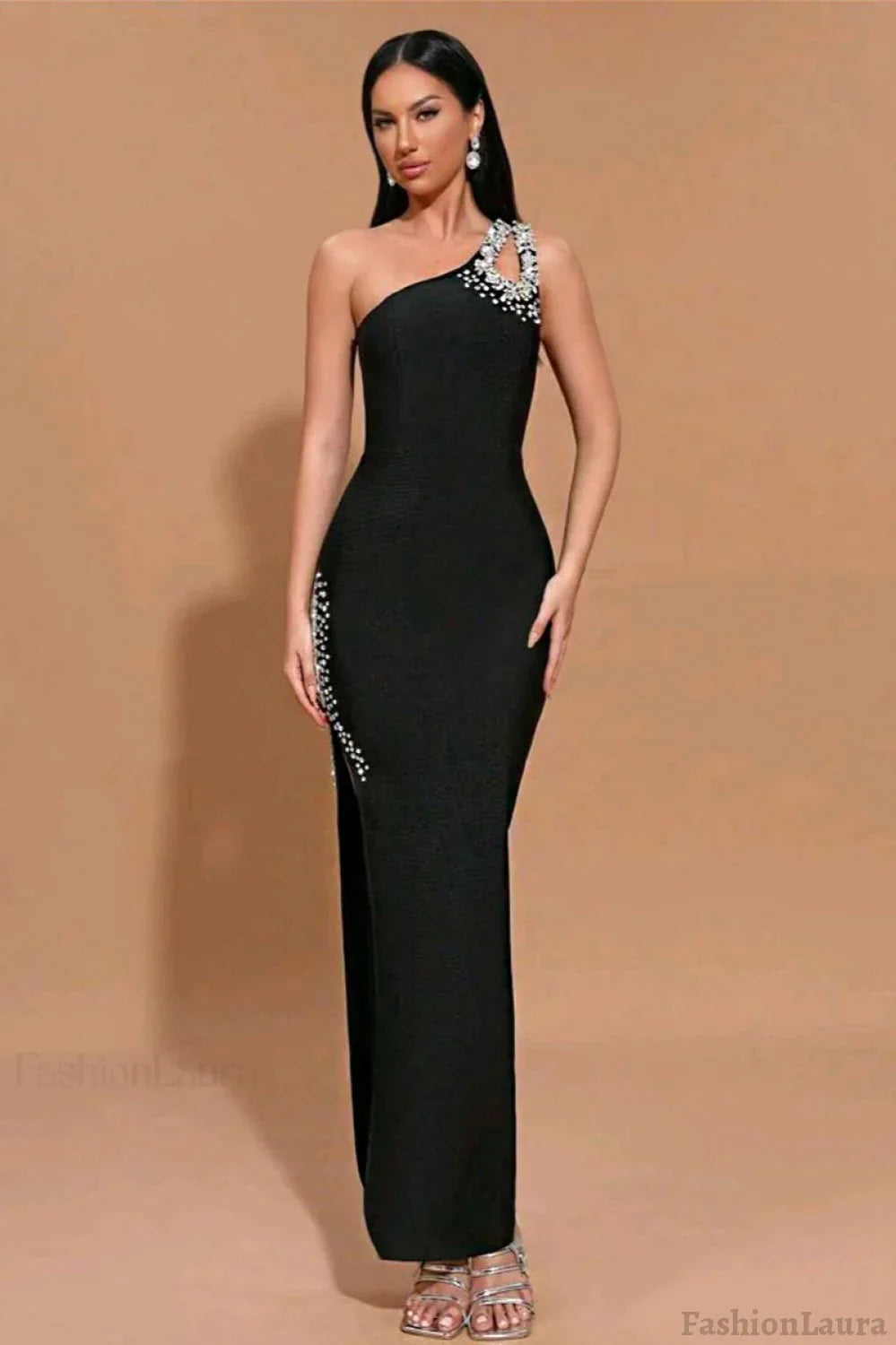 One Shoulder Rhinestone Bandage Party Dress XS / Black