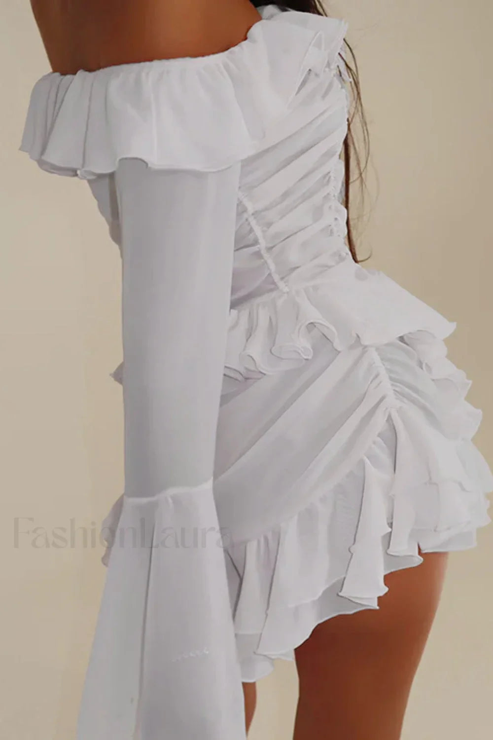 One-Shoulder Ruffled Flared Sleeve Chiffon High Waist Mini Dress
