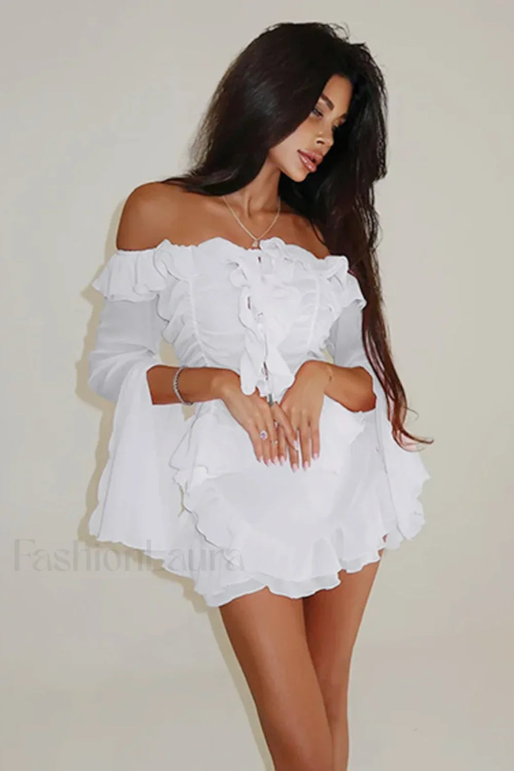 One-Shoulder Ruffled Flared Sleeve Chiffon High Waist Mini Dress