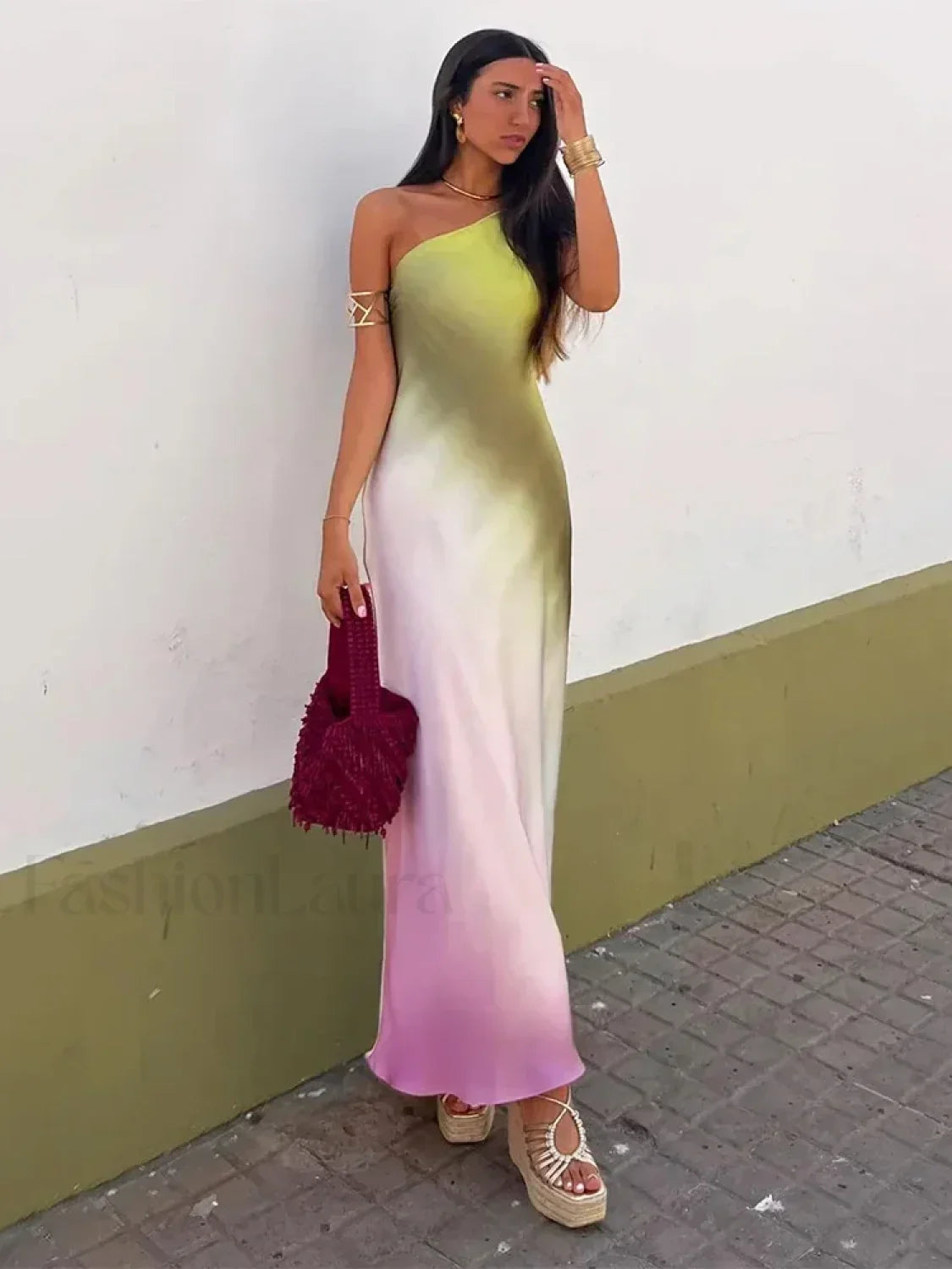 One Shoulder Satin Tie Dye Maxi Dress