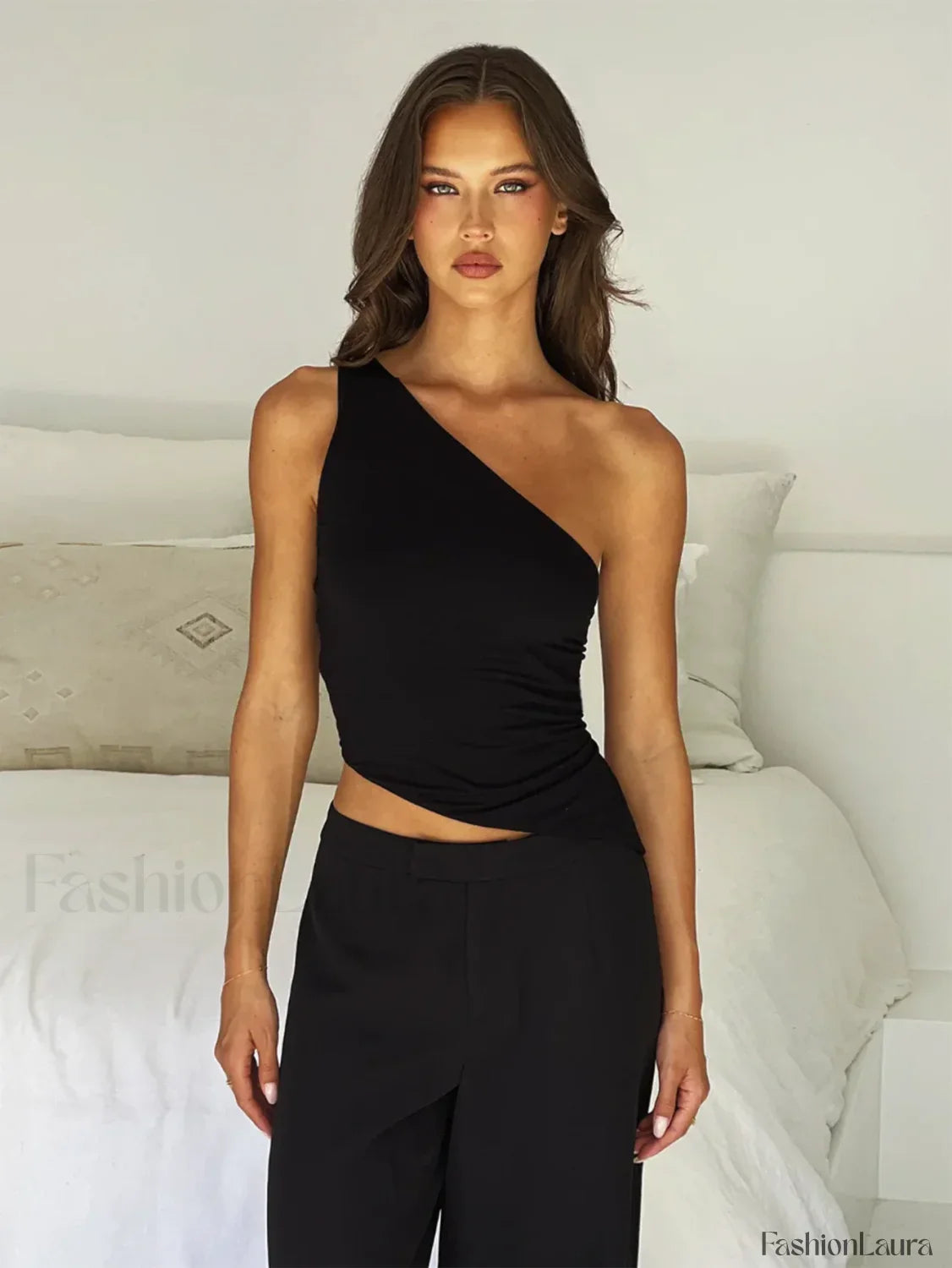 One Shoulder Solid Color Lace-Up Irregular Short Crop Top