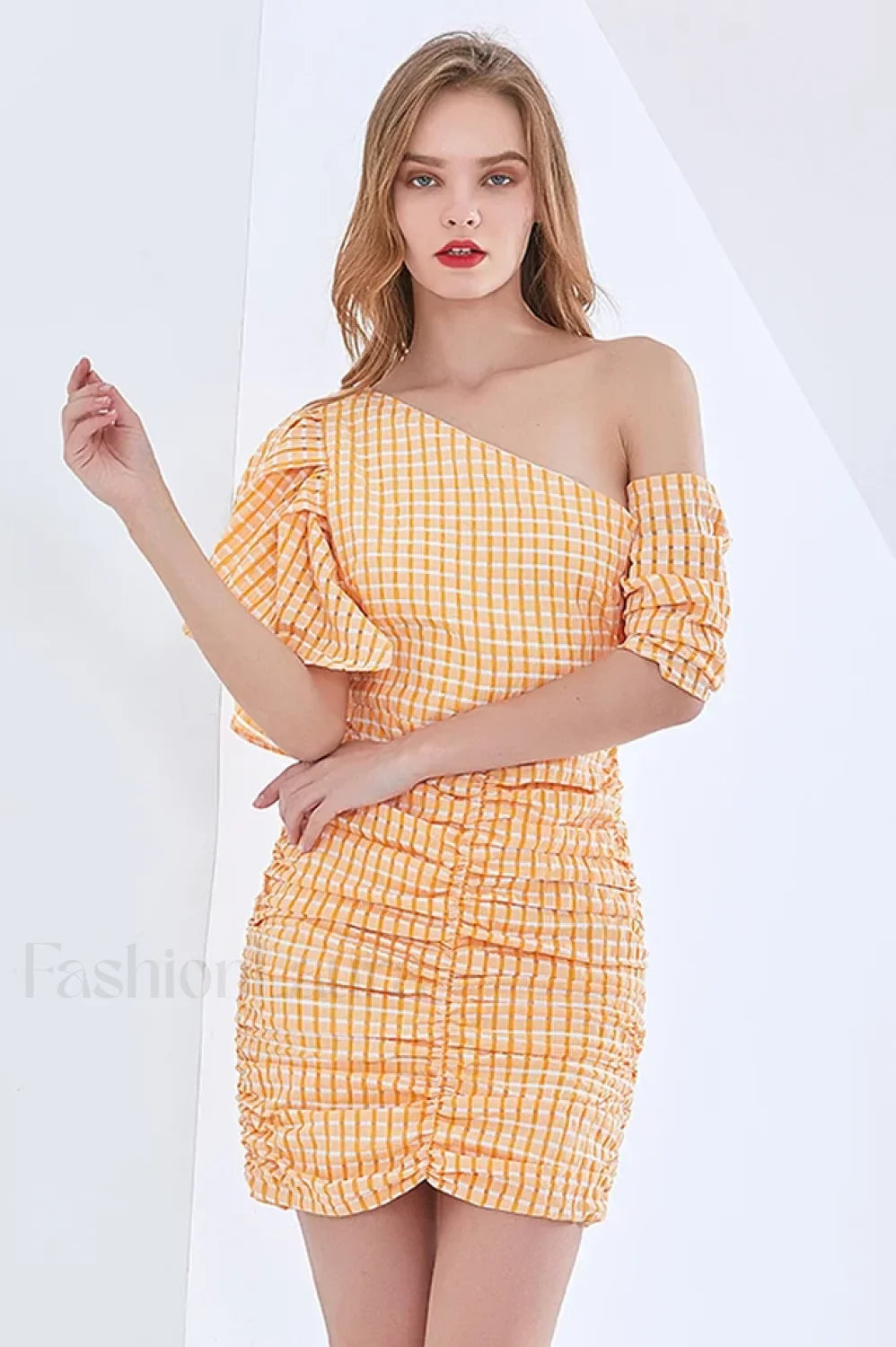 One Shoulder Stylish Asymmetric Check Dress