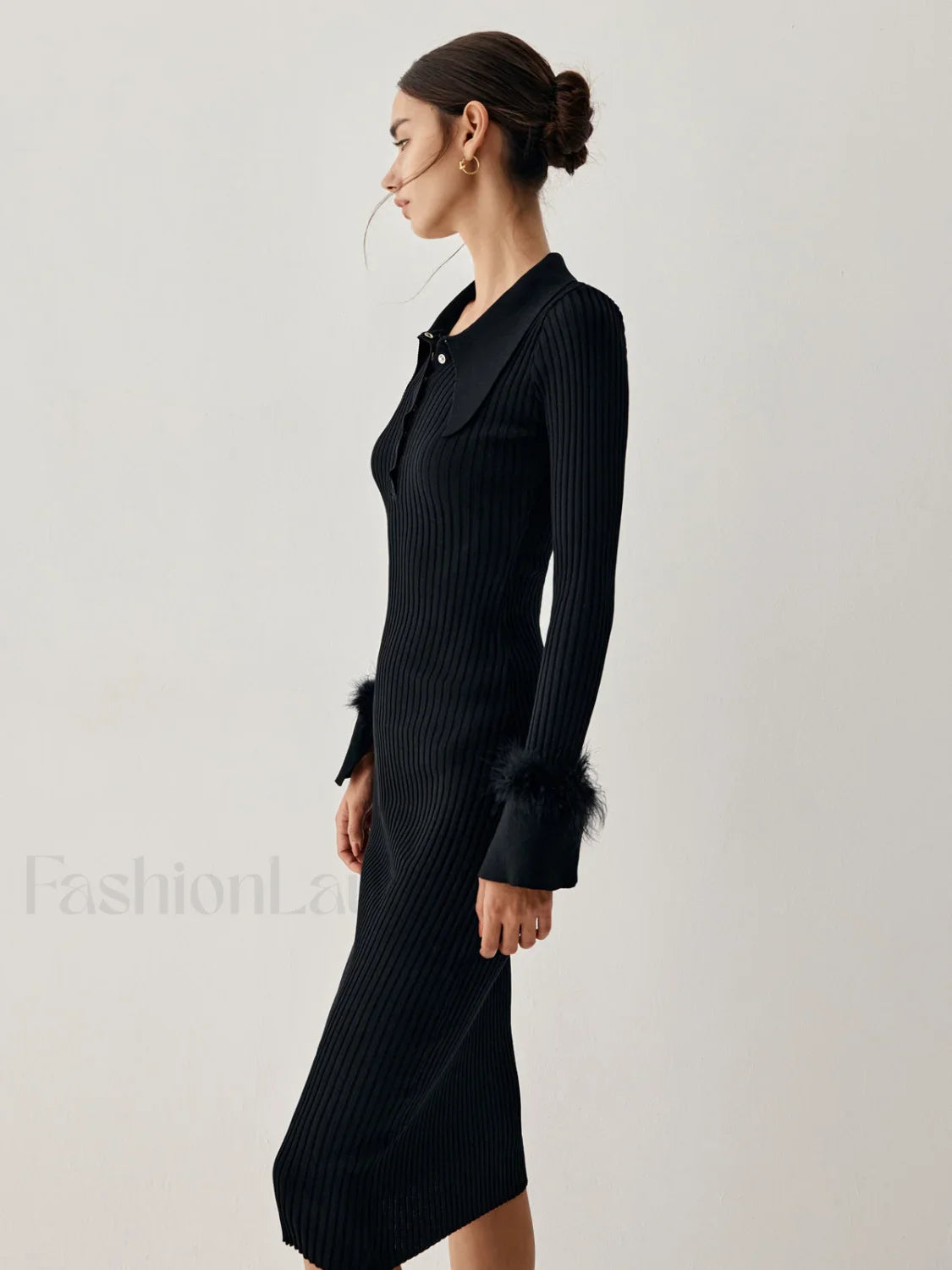 Open Collar Fuzzy Hem Modern Long Sleeve Midi Sweater Dress