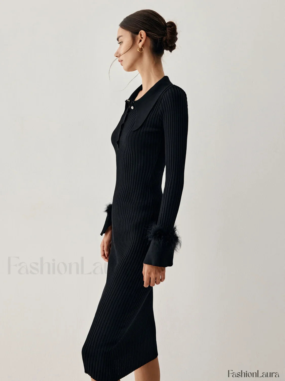 Open Collar Fuzzy Hem Modern Long Sleeve Midi Sweater Dress