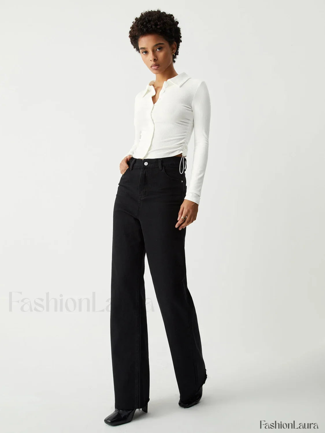 Open Collar Ruched Trendy Long Sleeve Shirt