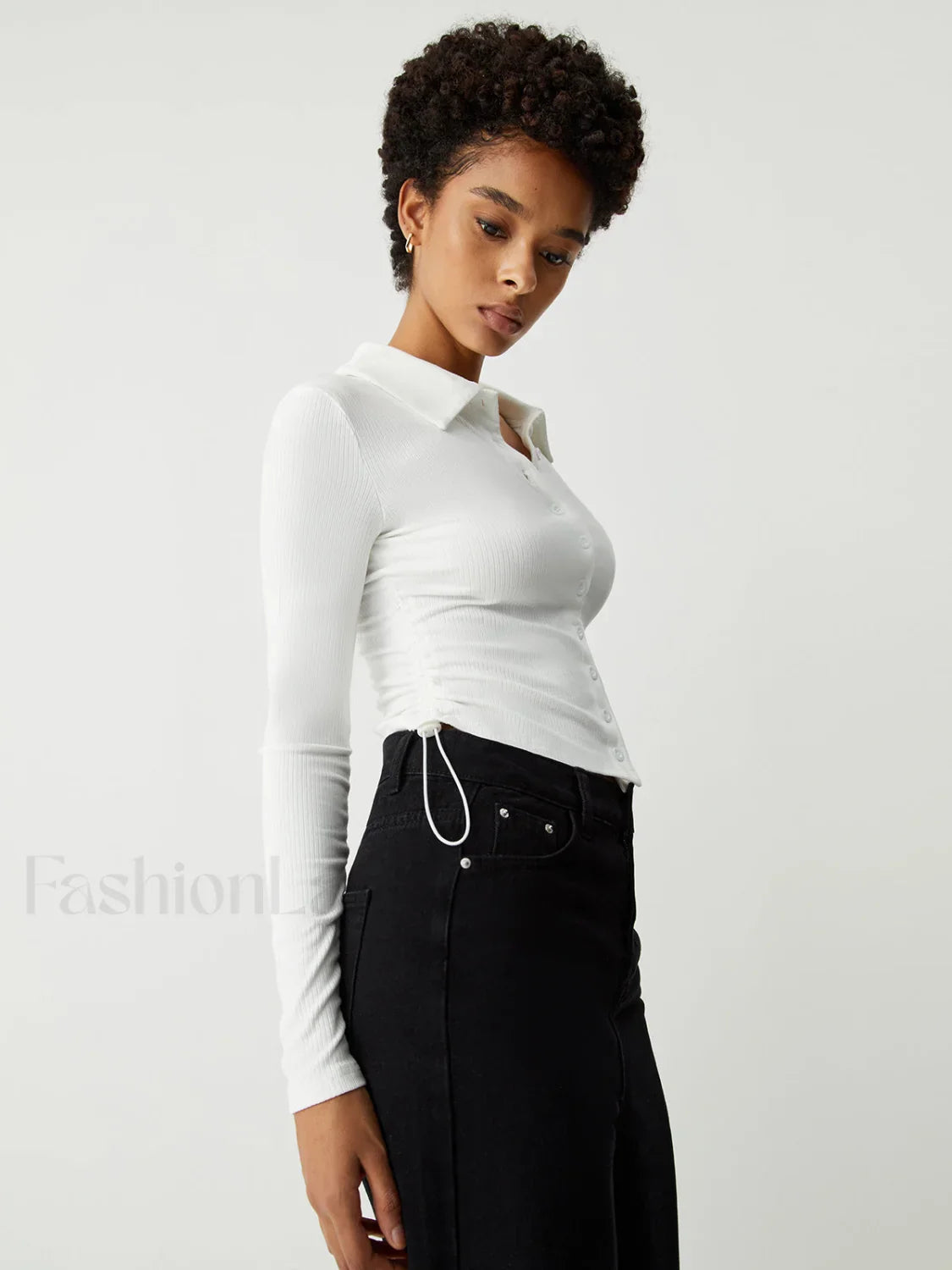 Open Collar Ruched Trendy Long Sleeve Shirt