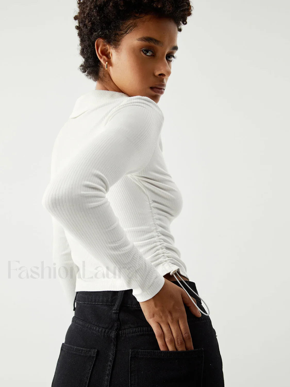 Open Collar Ruched Trendy Long Sleeve Shirt