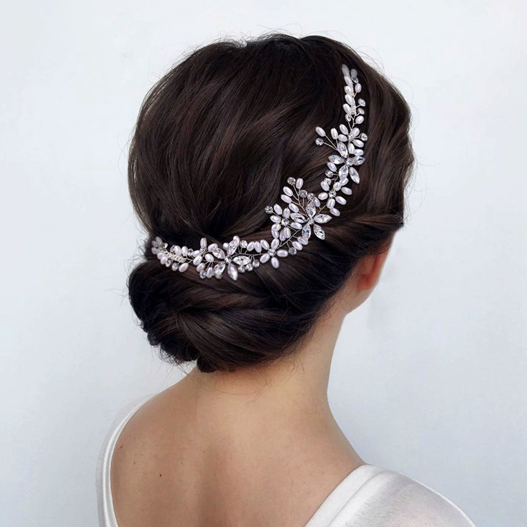 Opulent Faux Pearl Embellished Crystal Floral Bridal Hair Vine
