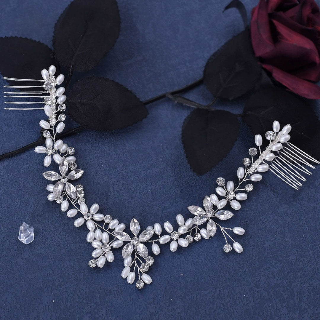 Opulent Faux Pearl Embellished Crystal Floral Bridal Hair Vine