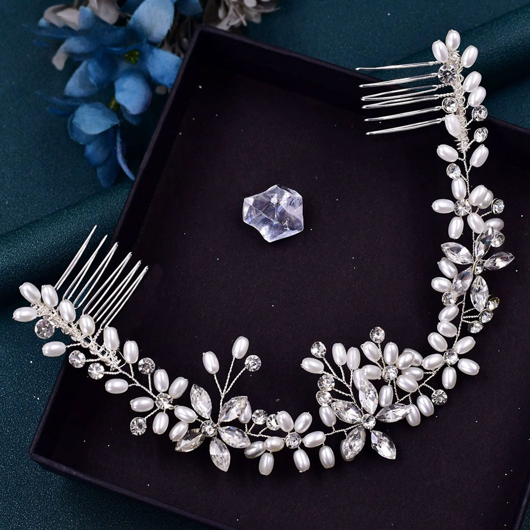 Opulent Faux Pearl Embellished Crystal Floral Bridal Hair Vine