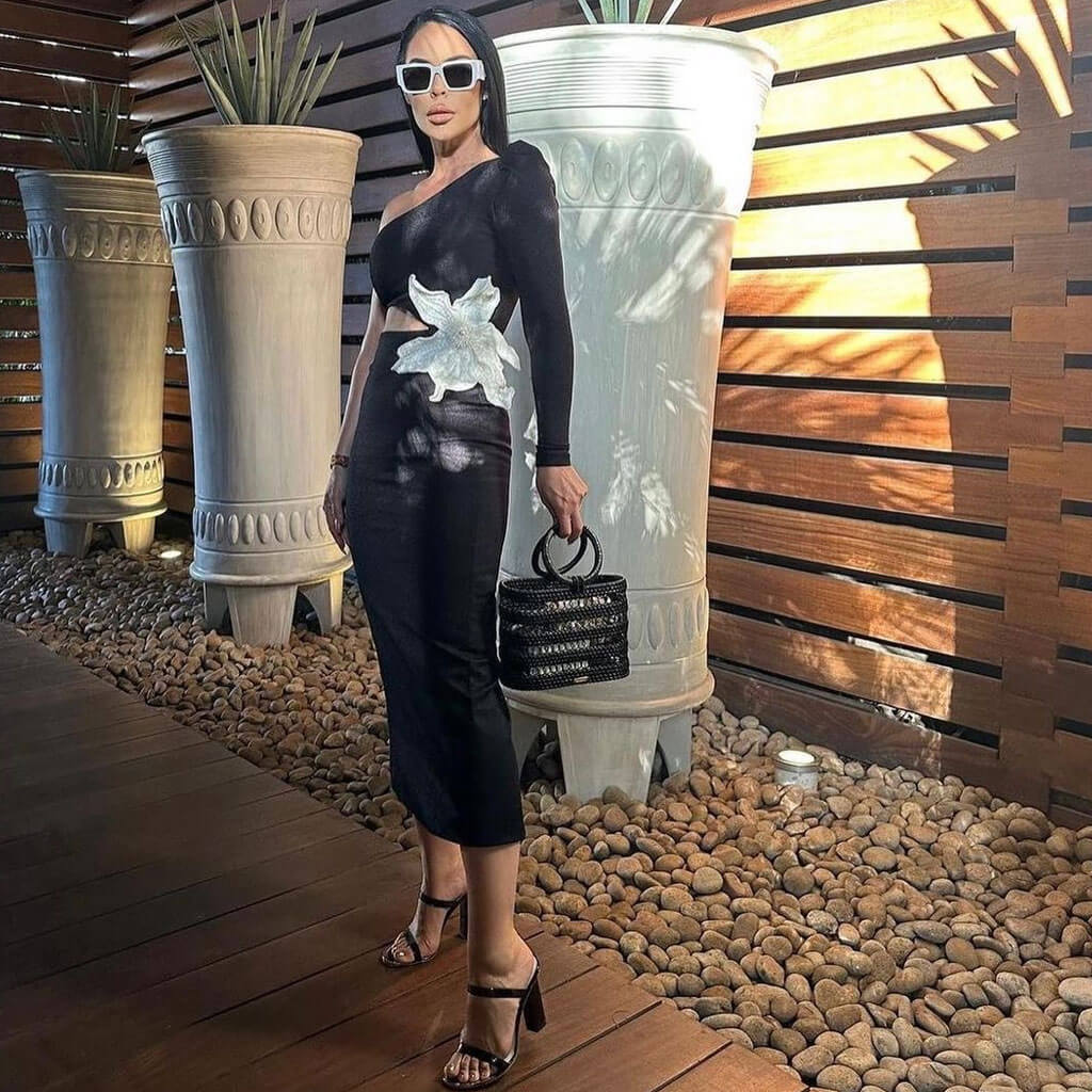 Opulent Pearl FLower One Shoulder Cut Out Waist Winter Midi Cocktail Dress