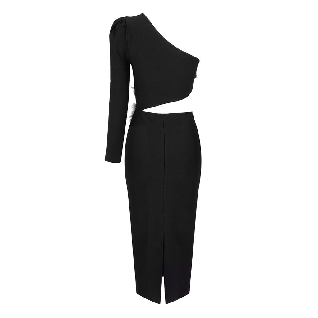 Opulent Pearl FLower One Shoulder Cut Out Waist Winter Midi Cocktail Dress