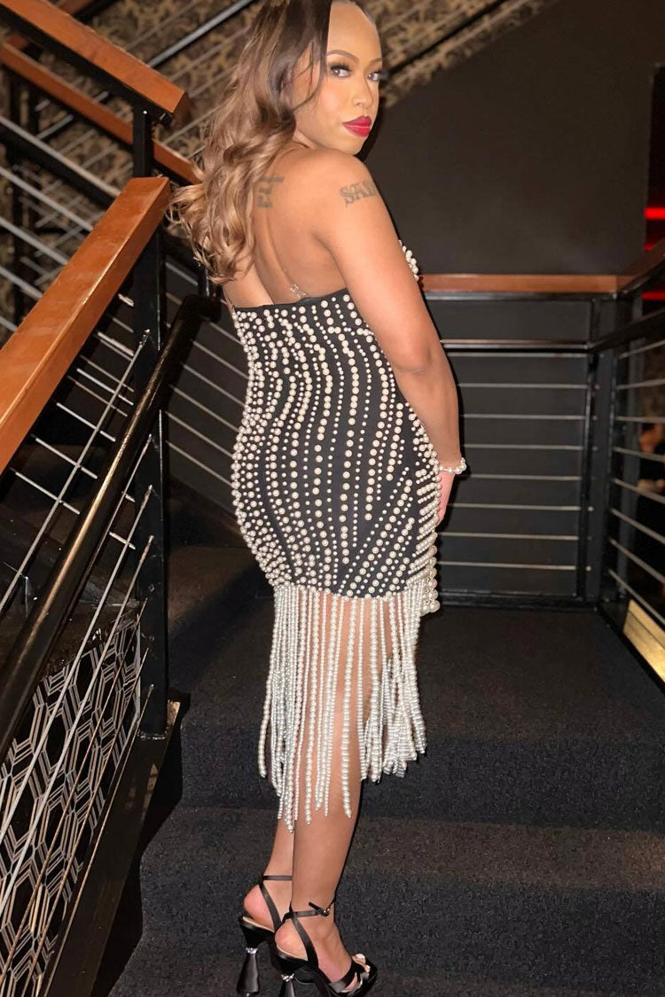 Opulent Sweetheart Strapless Faux Pearl Fringe Sheath Bandage Party Mini Dress