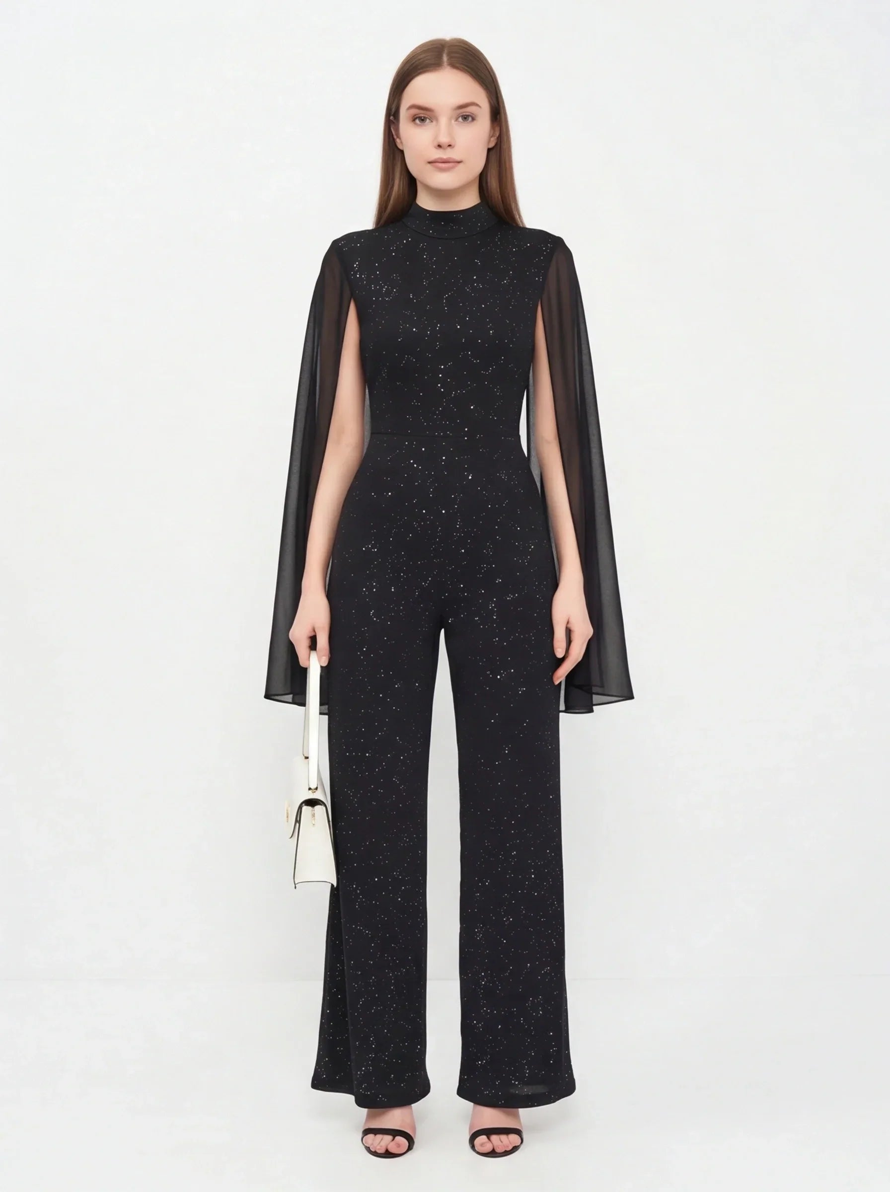 Glitter Chiffon Cape Sleeve Wide Leg Jumpsuit