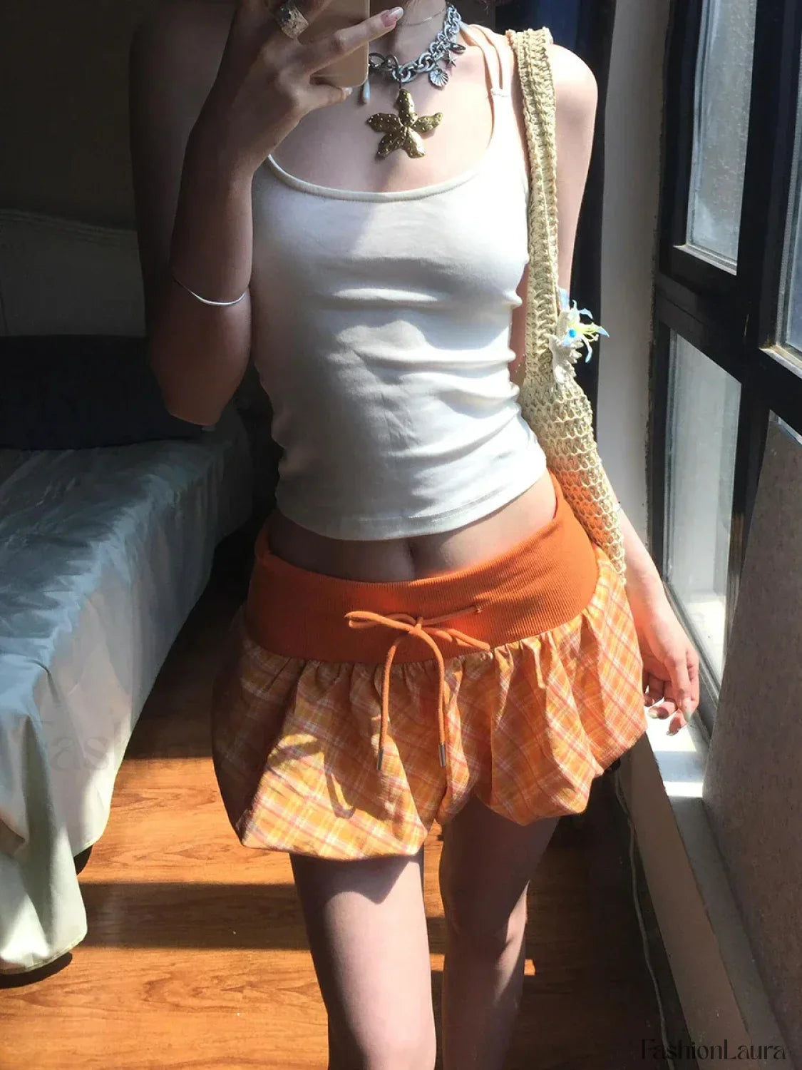 Orange Checkered Puffy Lounge Skirt