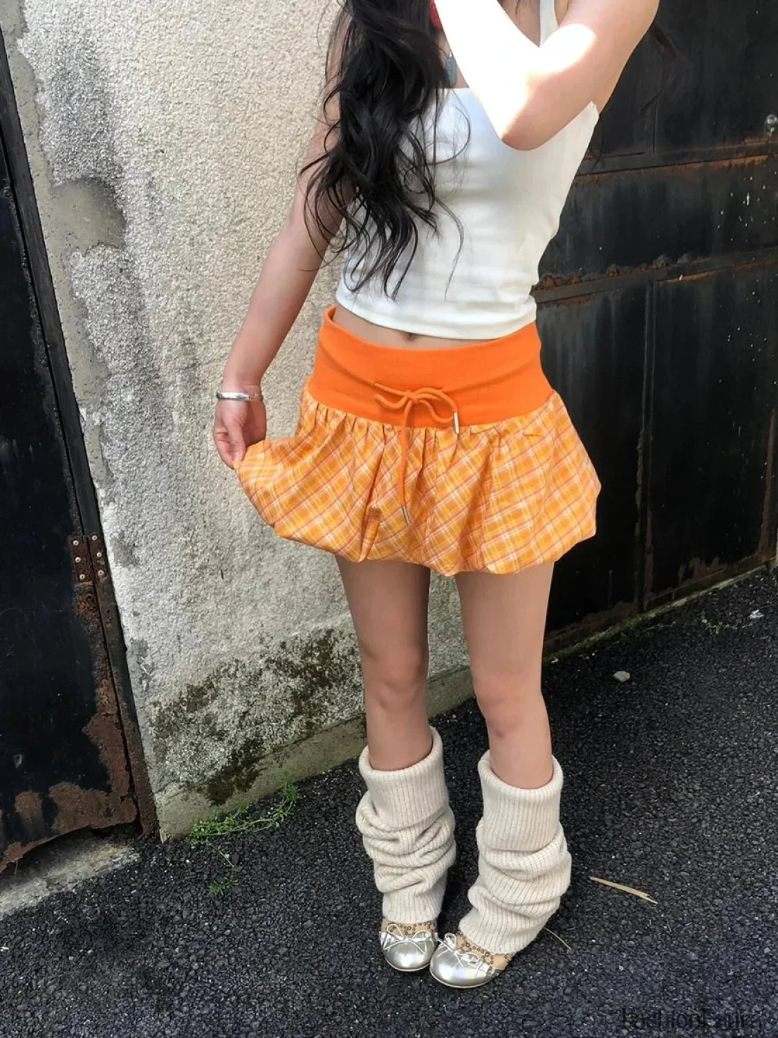 Orange Checkered Puffy Lounge Skirt