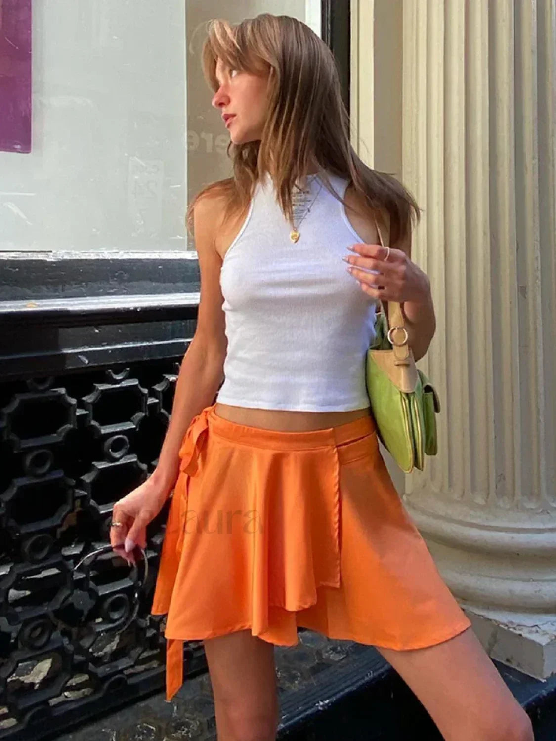 Orange Satin Asymmetrical Lace Up Skirt Beige / S