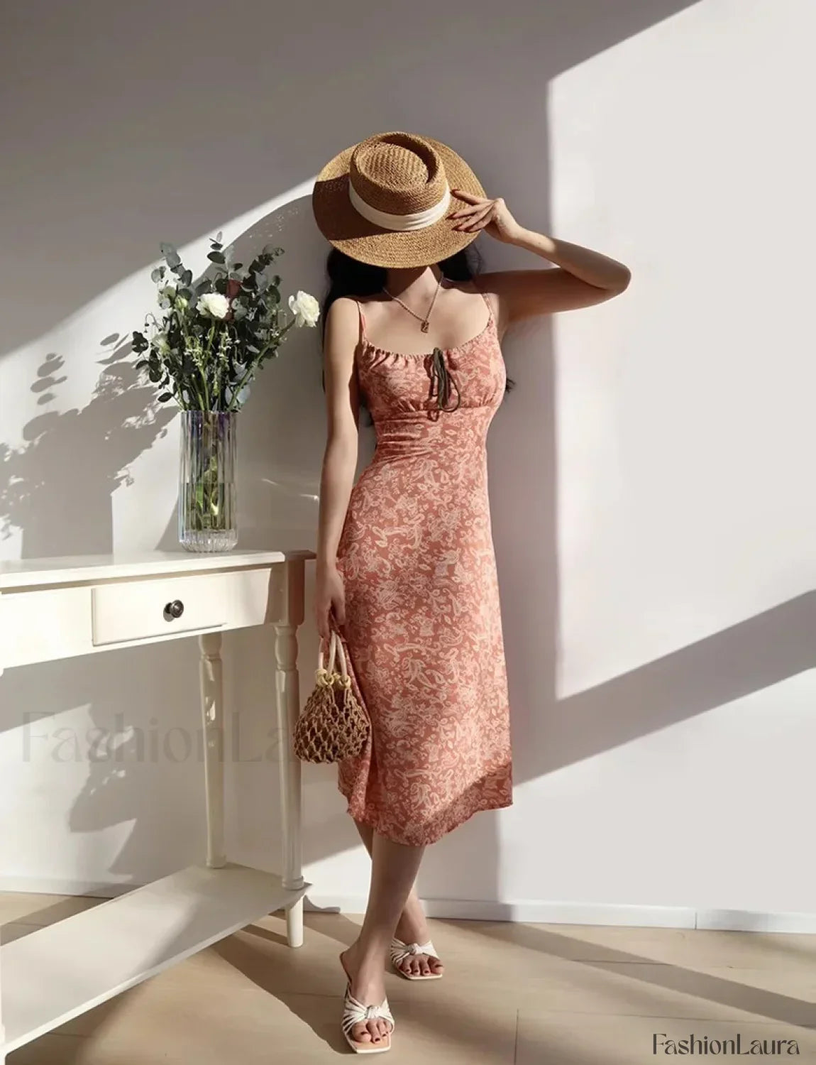 Orange Shirred Smocked Floral Dress