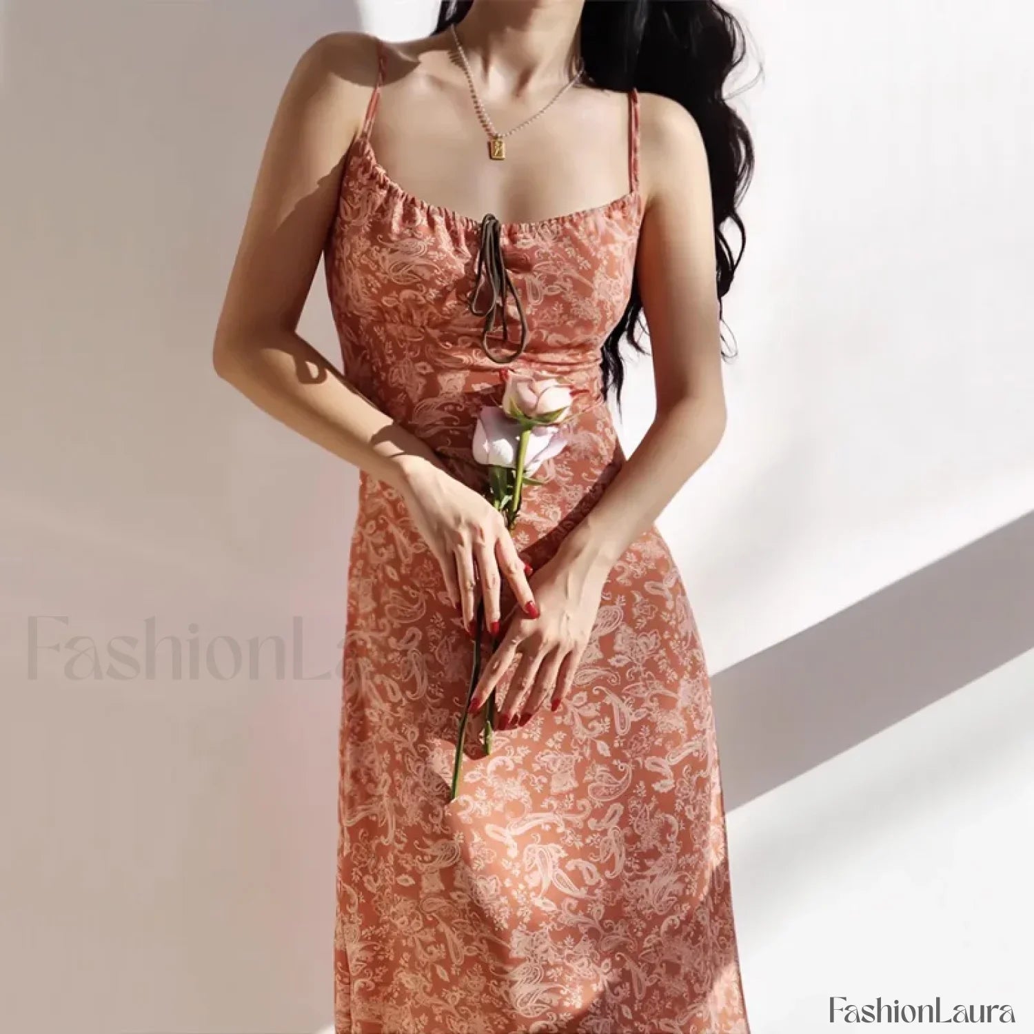 Orange Shirred Smocked Floral Dress