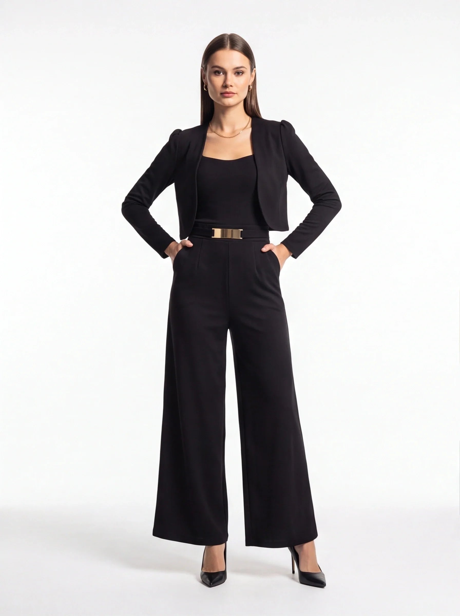 Women's Black Wide Leg Sleeveless Square Neck Jumpsuit with Pockets & Belt
