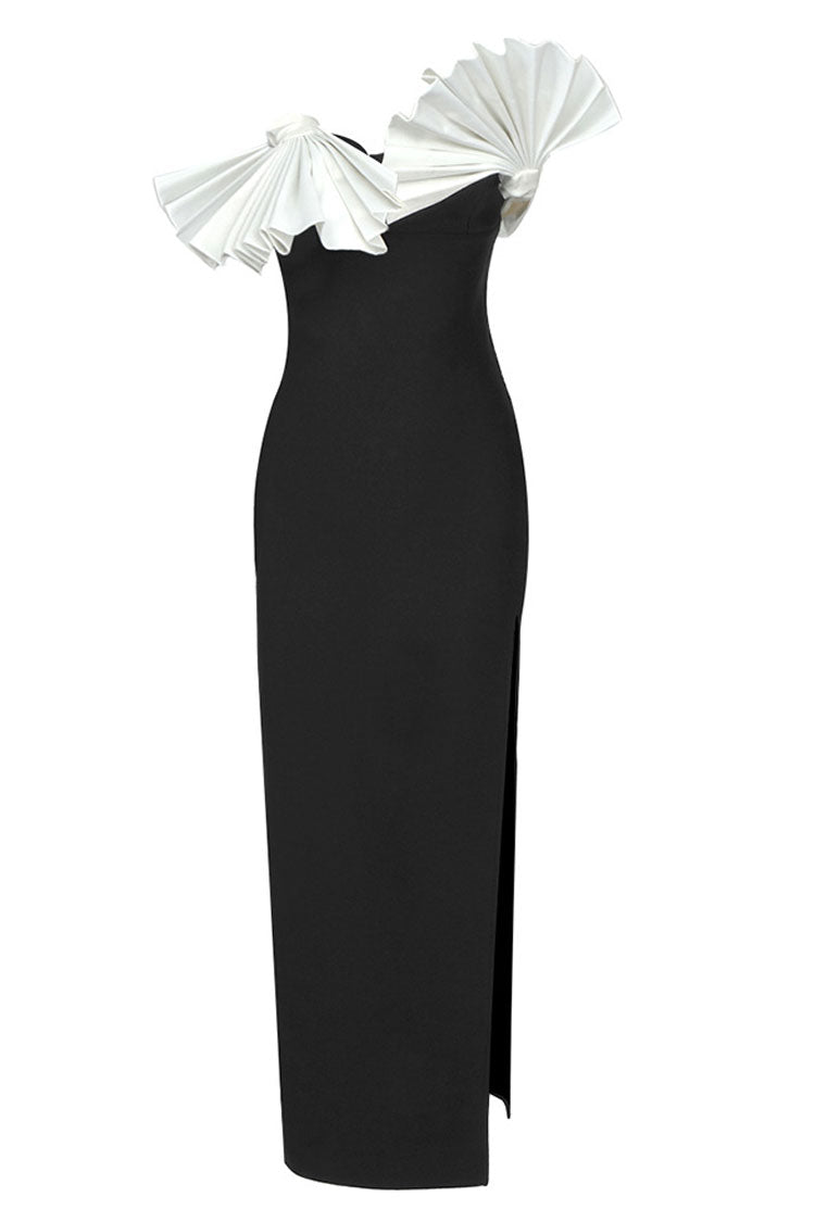 Oriental Pleated Fan Contrast Strapless Side Split Cocktail Party Midi Dress - Black 2
