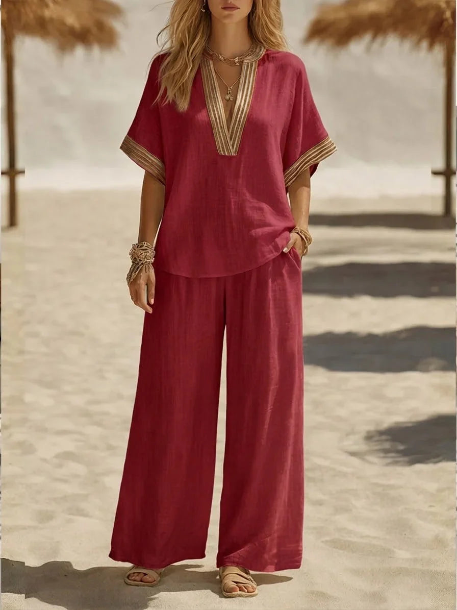 Contrast Stripe V-Neck Top and Wide Leg Pants Two Piece Set