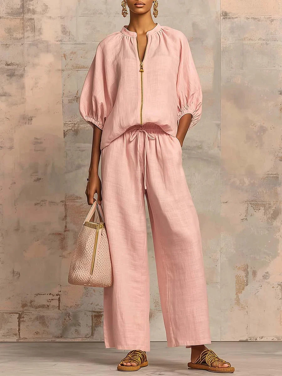 Zip Front Half Sleeve Top and Wide Leg Pants Two Piece Set
