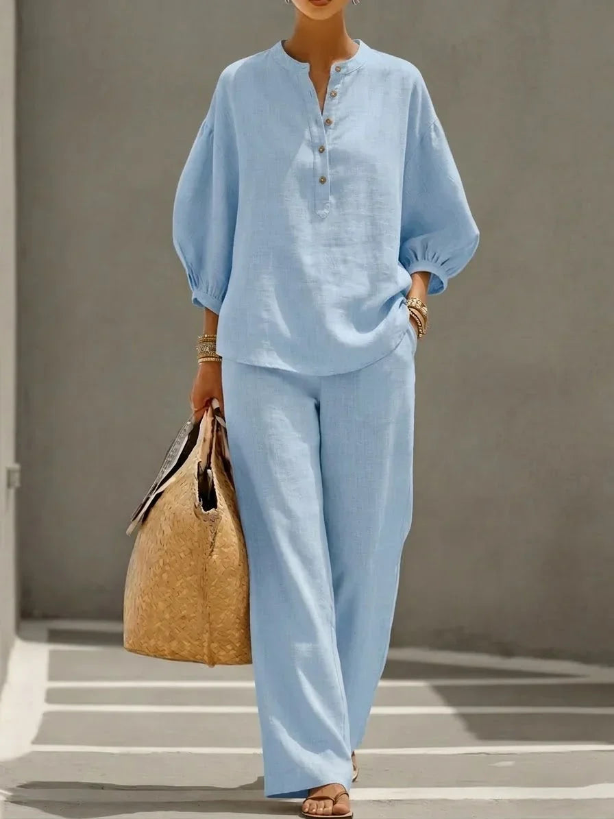 Band Collar Button Puff Sleeve Top and Wide Leg Pants Two Piece Set