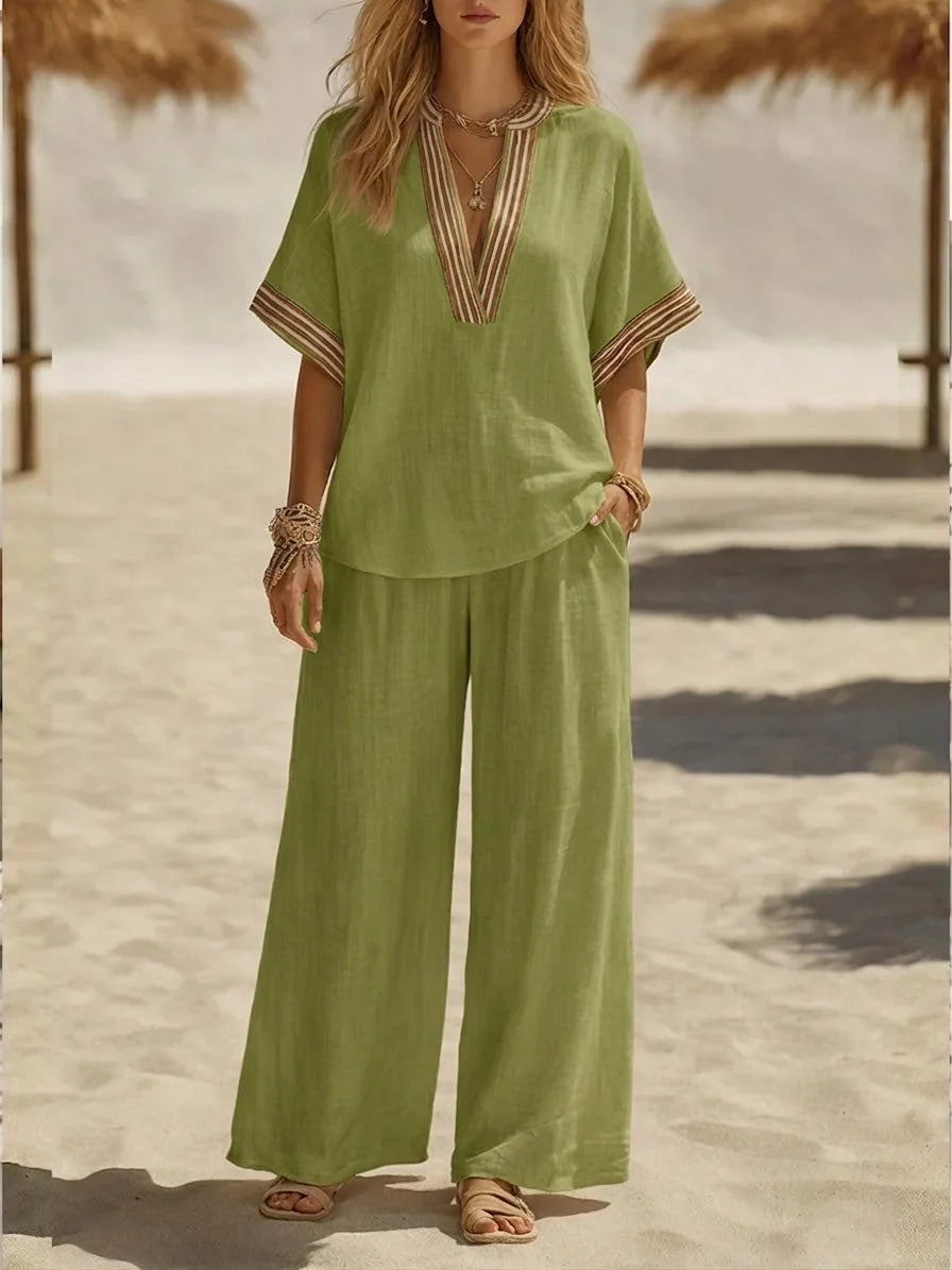 Contrast Stripe V-Neck Top and Wide Leg Pants Two Piece Set
