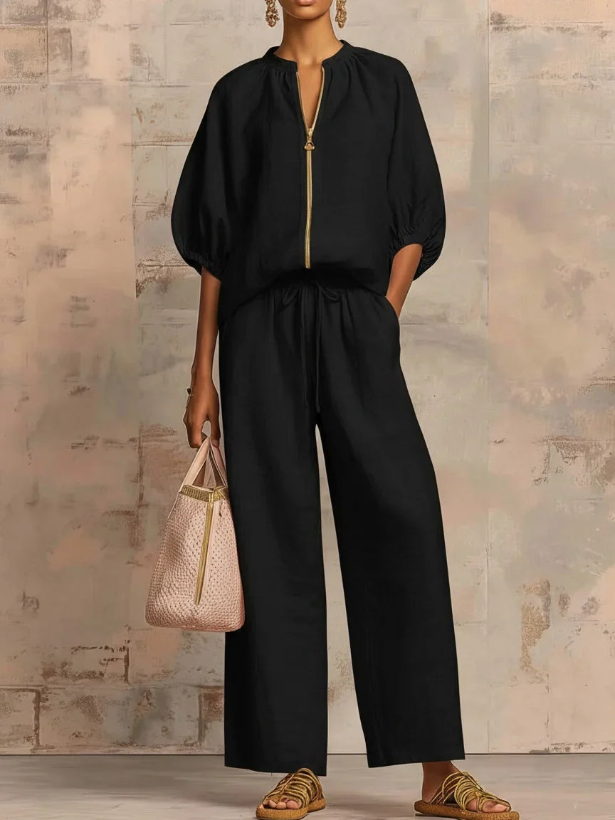 Zip Front Half Sleeve Top and Wide Leg Pants Two Piece Set